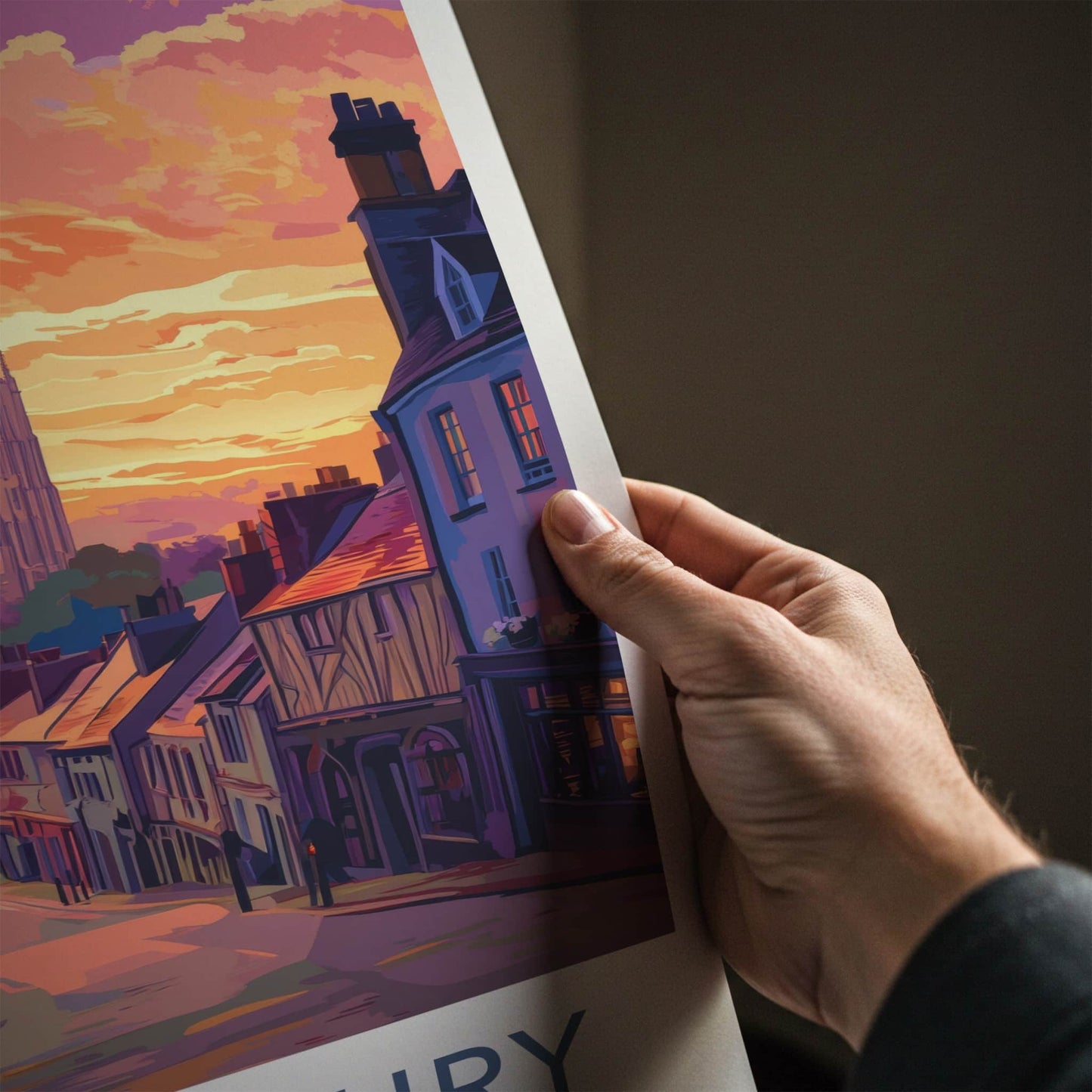 Canterbury Poster - England Travel Art - Cathedral Hillside Sunset Wall Decor