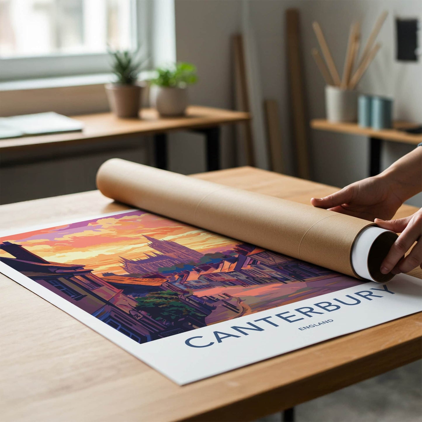 Canterbury Poster - England Travel Art - Cathedral Hillside Sunset Wall Decor