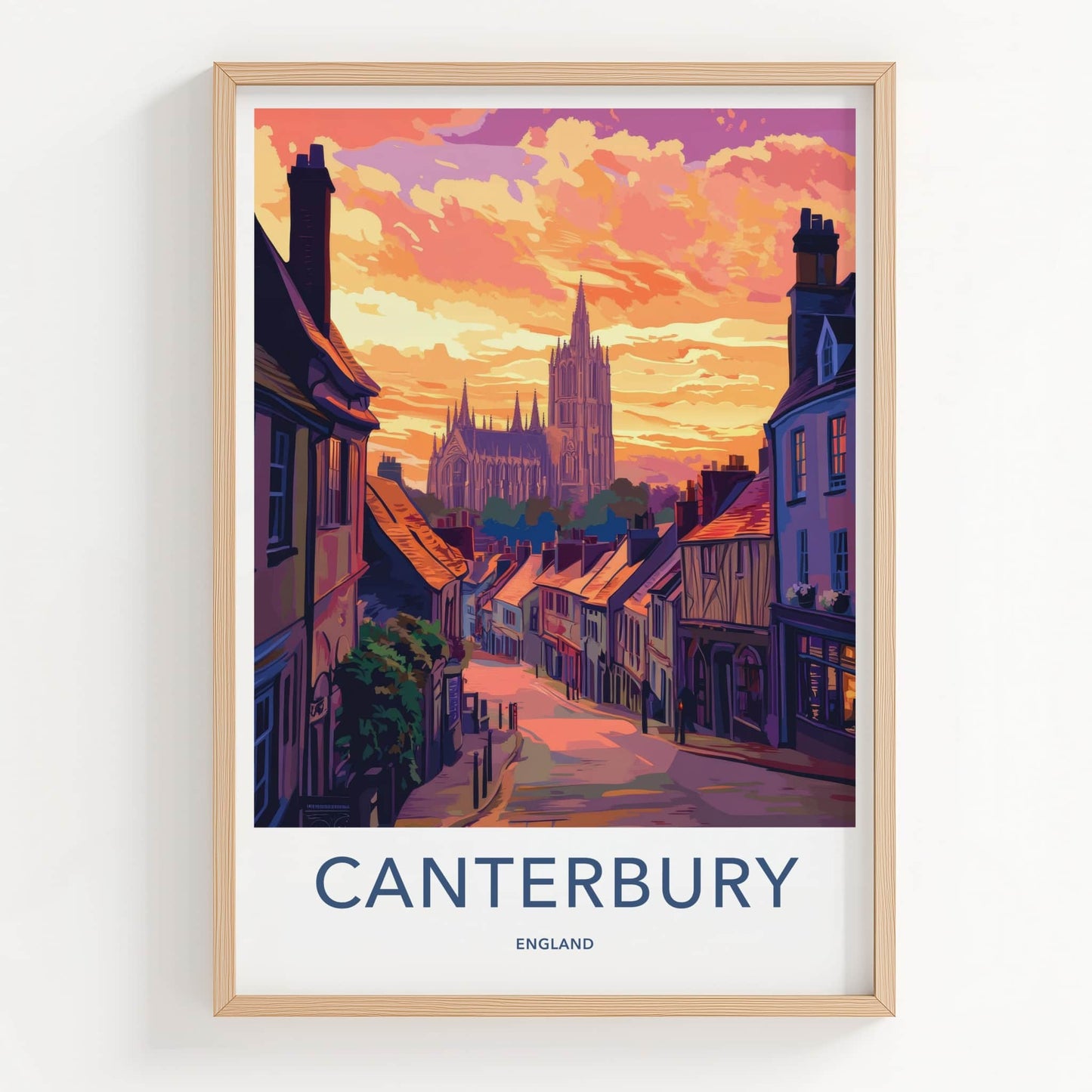 Canterbury Poster - England Travel Art - Cathedral Hillside Sunset Wall Decor