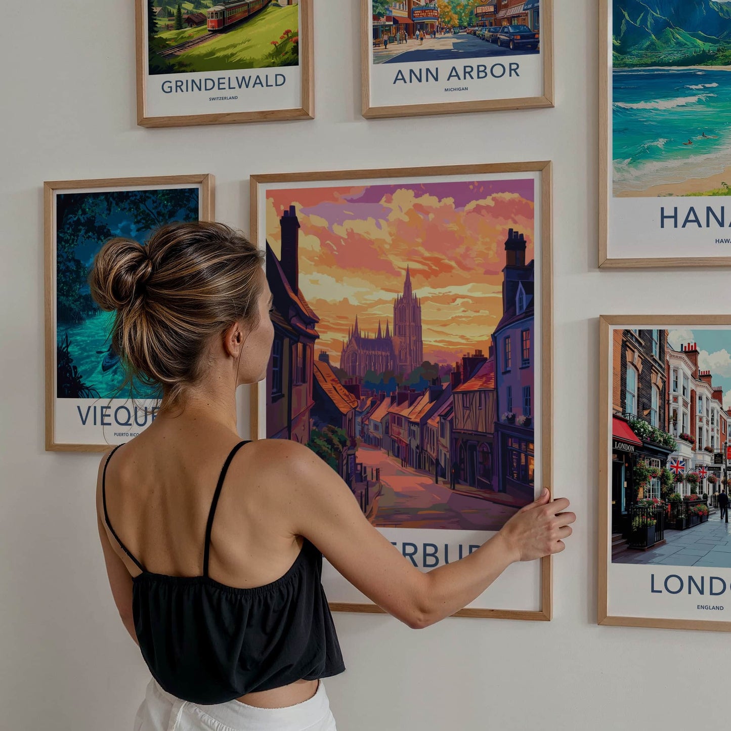 Canterbury Poster - England Travel Art - Cathedral Hillside Sunset Wall Decor