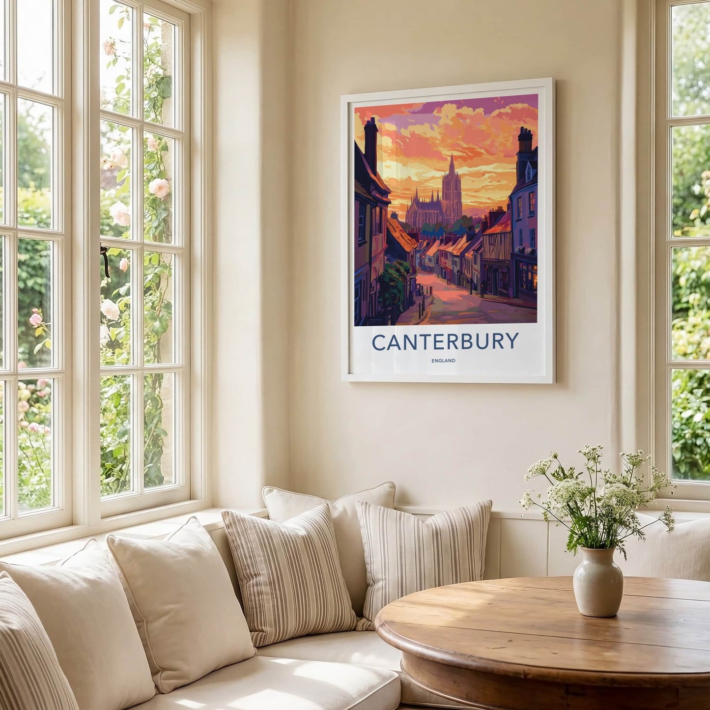 Canterbury Poster - England Travel Art - Cathedral Hillside Sunset Wall Decor