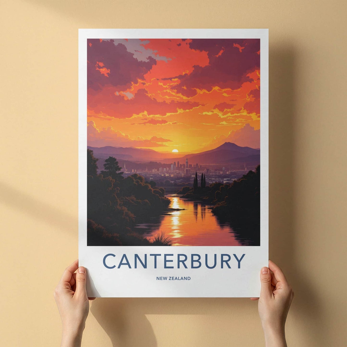 Canterbury Poster - New Zealand Travel Art - Dramatic Sunset River Home Decor