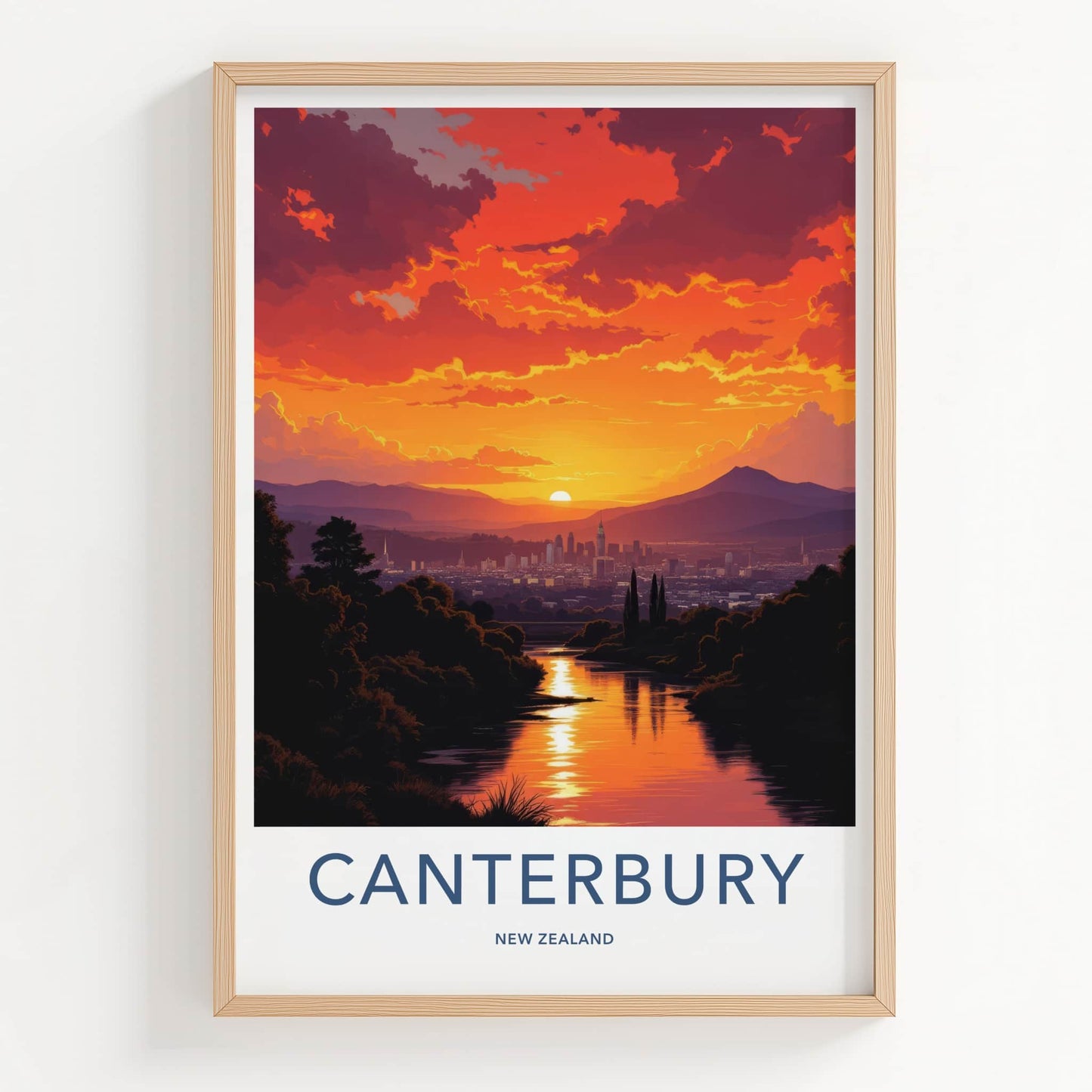 Canterbury Poster - New Zealand Travel Art - Dramatic Sunset River Home Decor