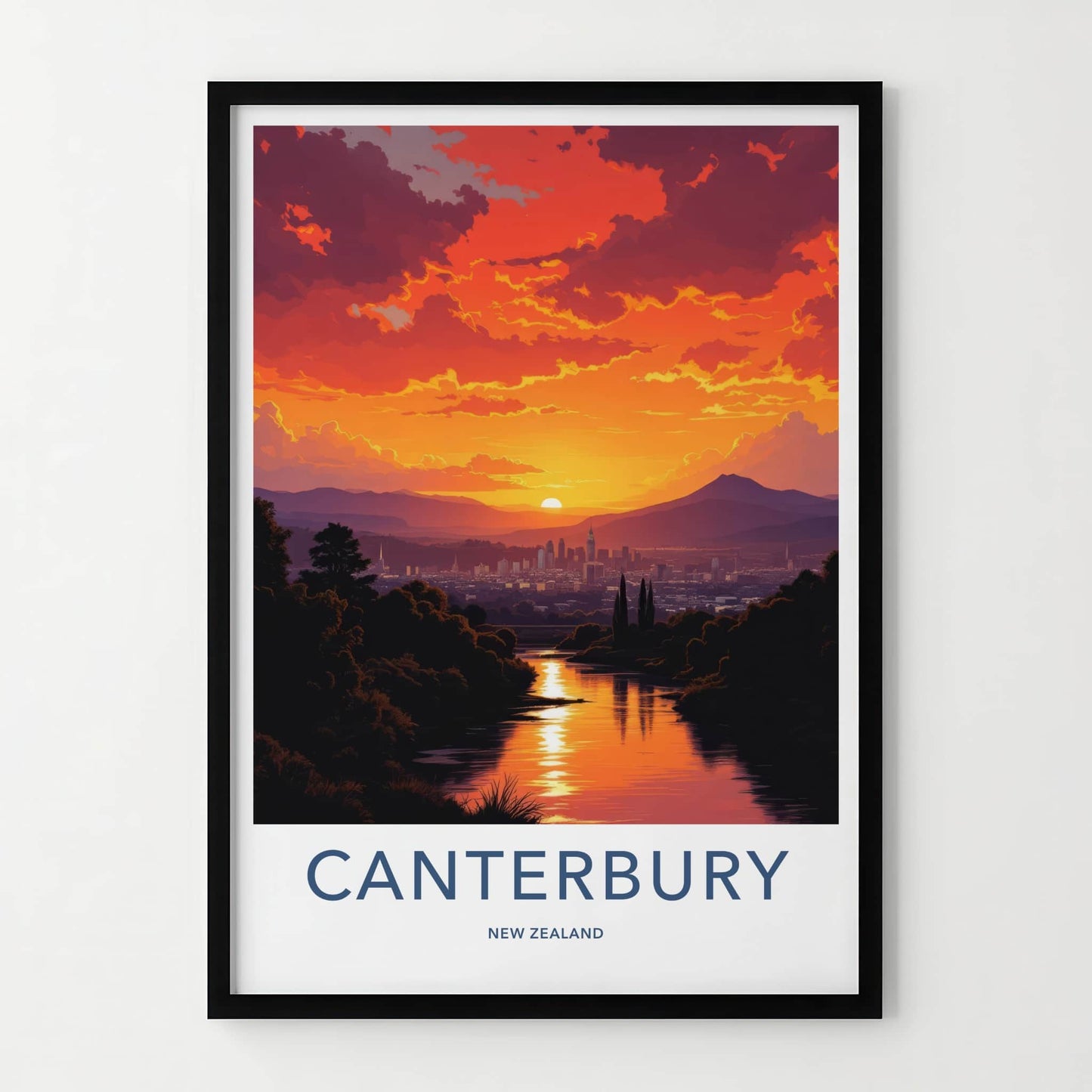 Canterbury Poster - New Zealand Travel Art - Dramatic Sunset River Home Decor