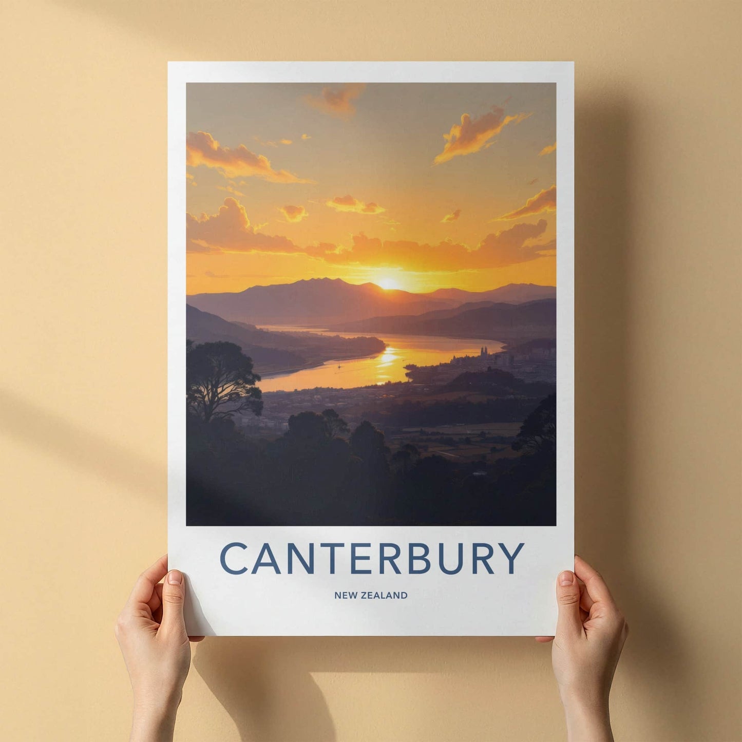 Canterbury Poster - New Zealand Travel Art - Golden Lake Sunset Wall Decor