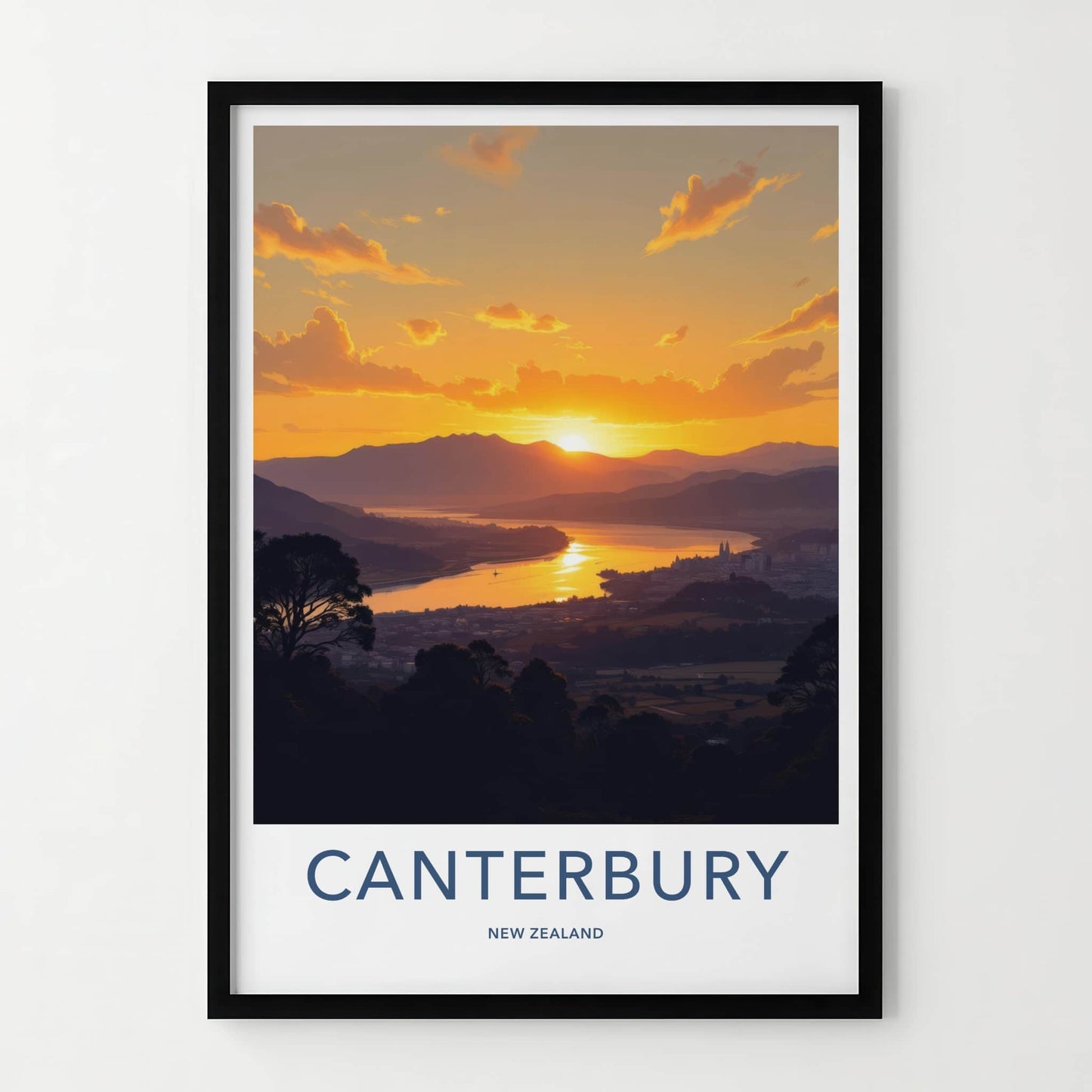 Canterbury Poster - New Zealand Travel Art - Golden Lake Sunset Wall Decor