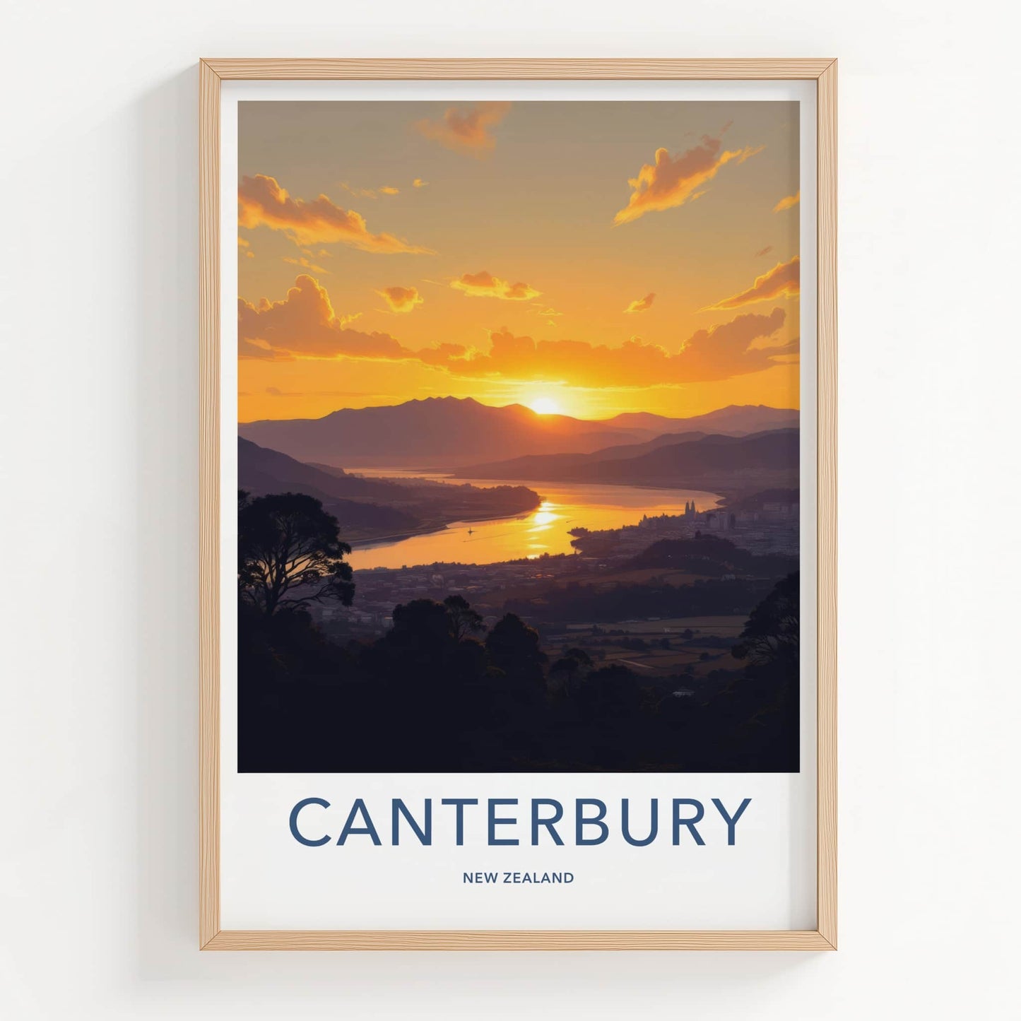 Canterbury Poster - New Zealand Travel Art - Golden Lake Sunset Wall Decor