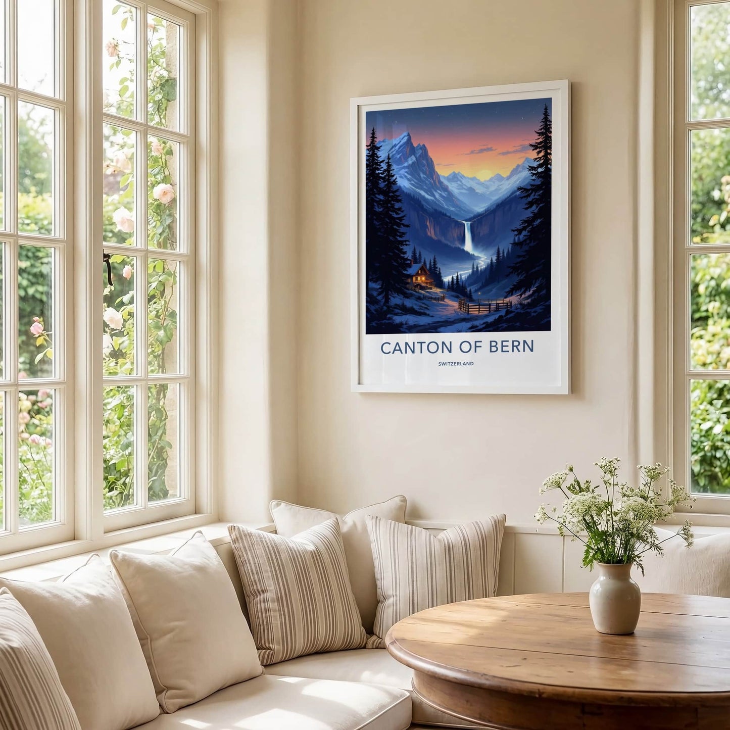 Canton Of Bern Poster - Switzerland Wall Art - Sunset Waterfall Valley Home Decor