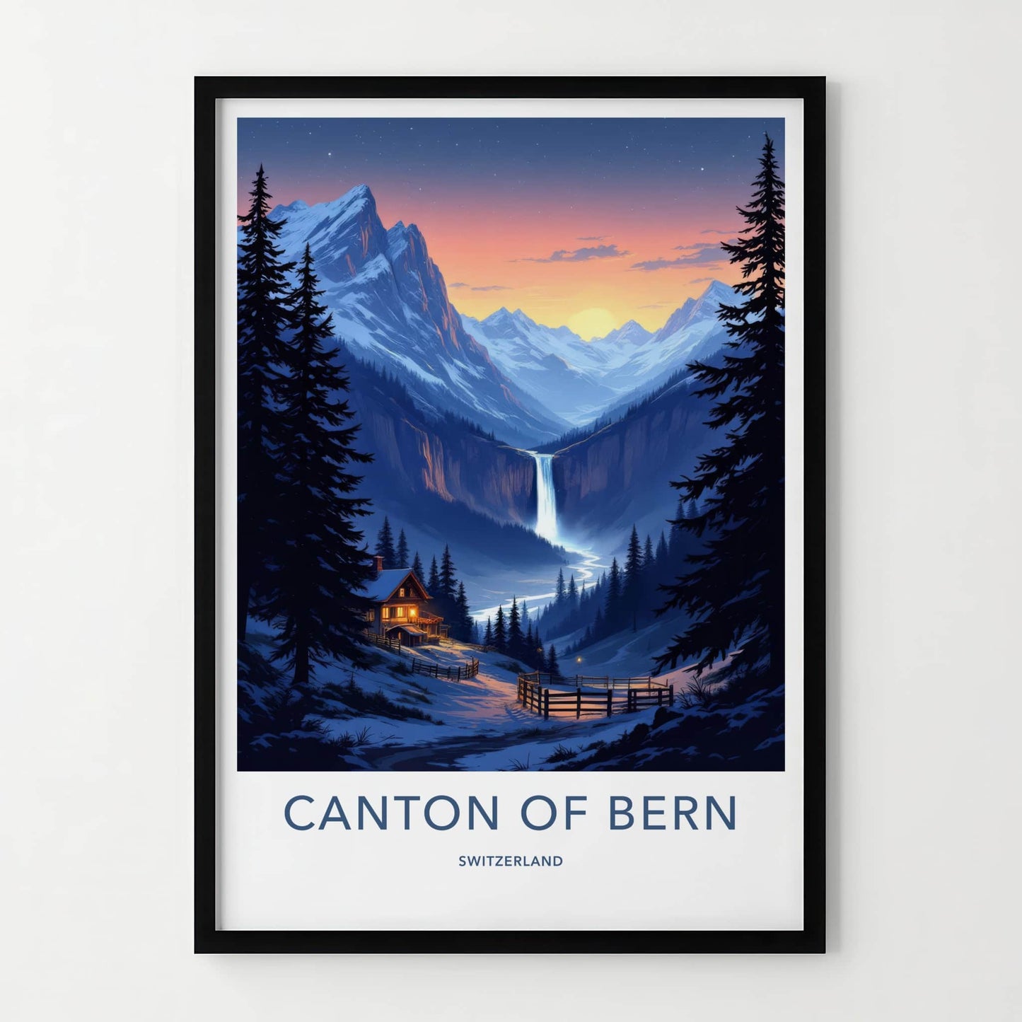 Canton Of Bern Poster - Switzerland Wall Art - Sunset Waterfall Valley Home Decor