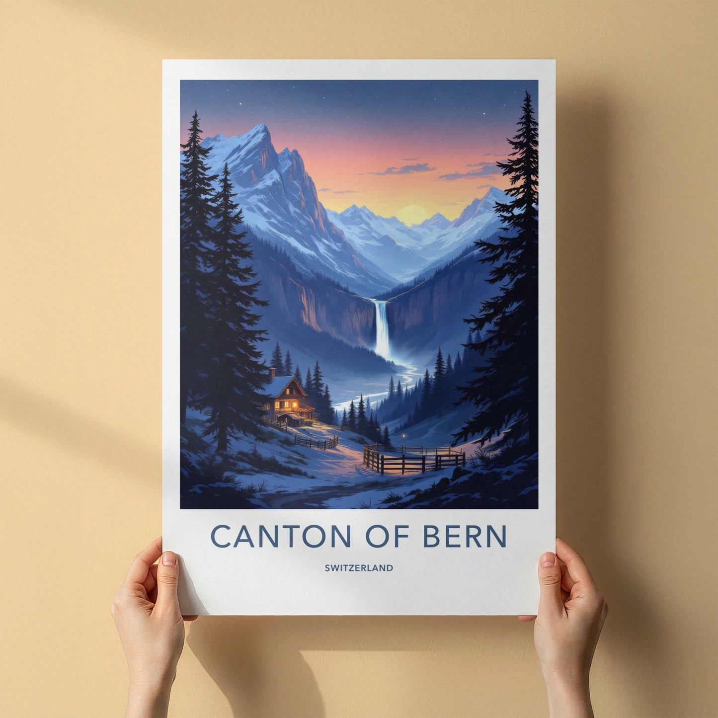 Canton Of Bern Poster - Switzerland Wall Art - Sunset Waterfall Valley Home Decor