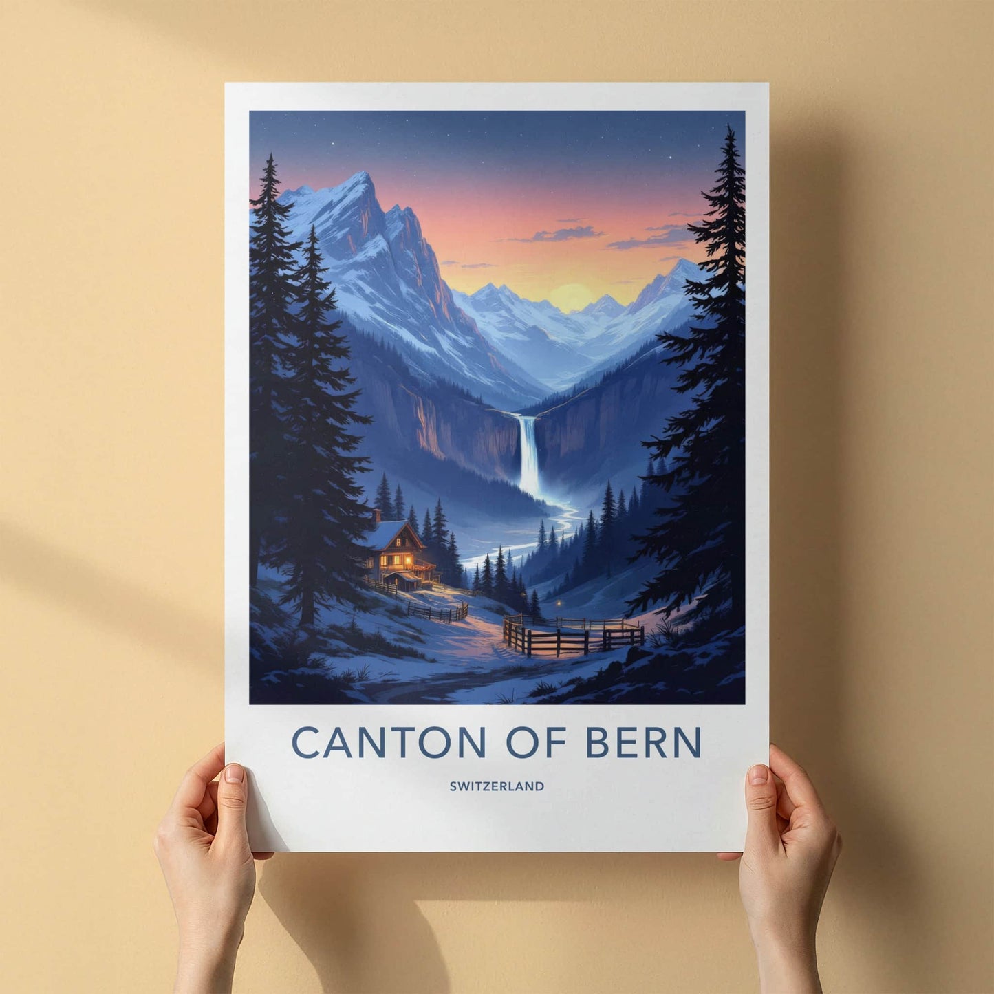 Canton Of Bern Poster - Switzerland Wall Art - Sunset Waterfall Valley Home Decor