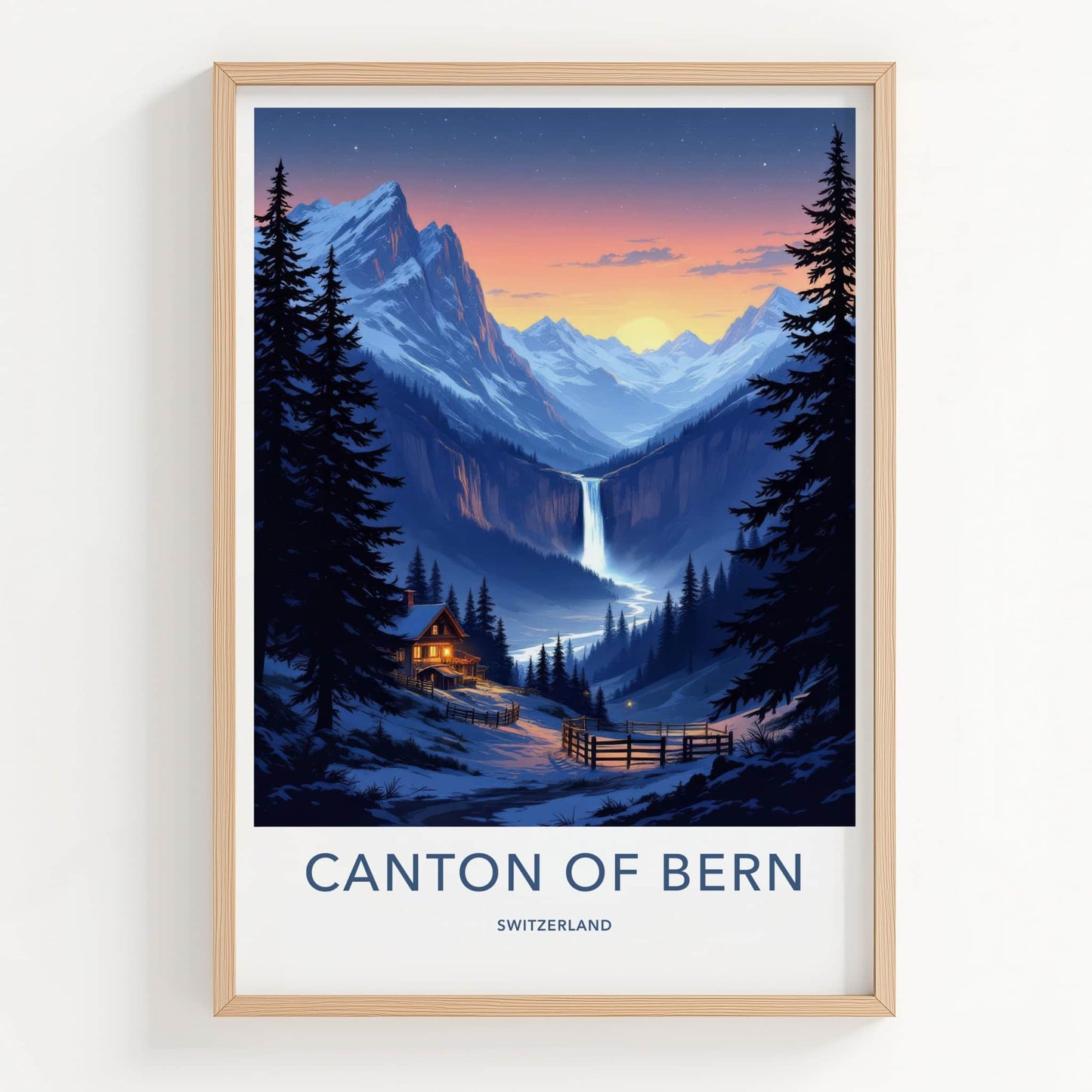 Canton Of Bern Poster - Switzerland Wall Art - Sunset Waterfall Valley Home Decor