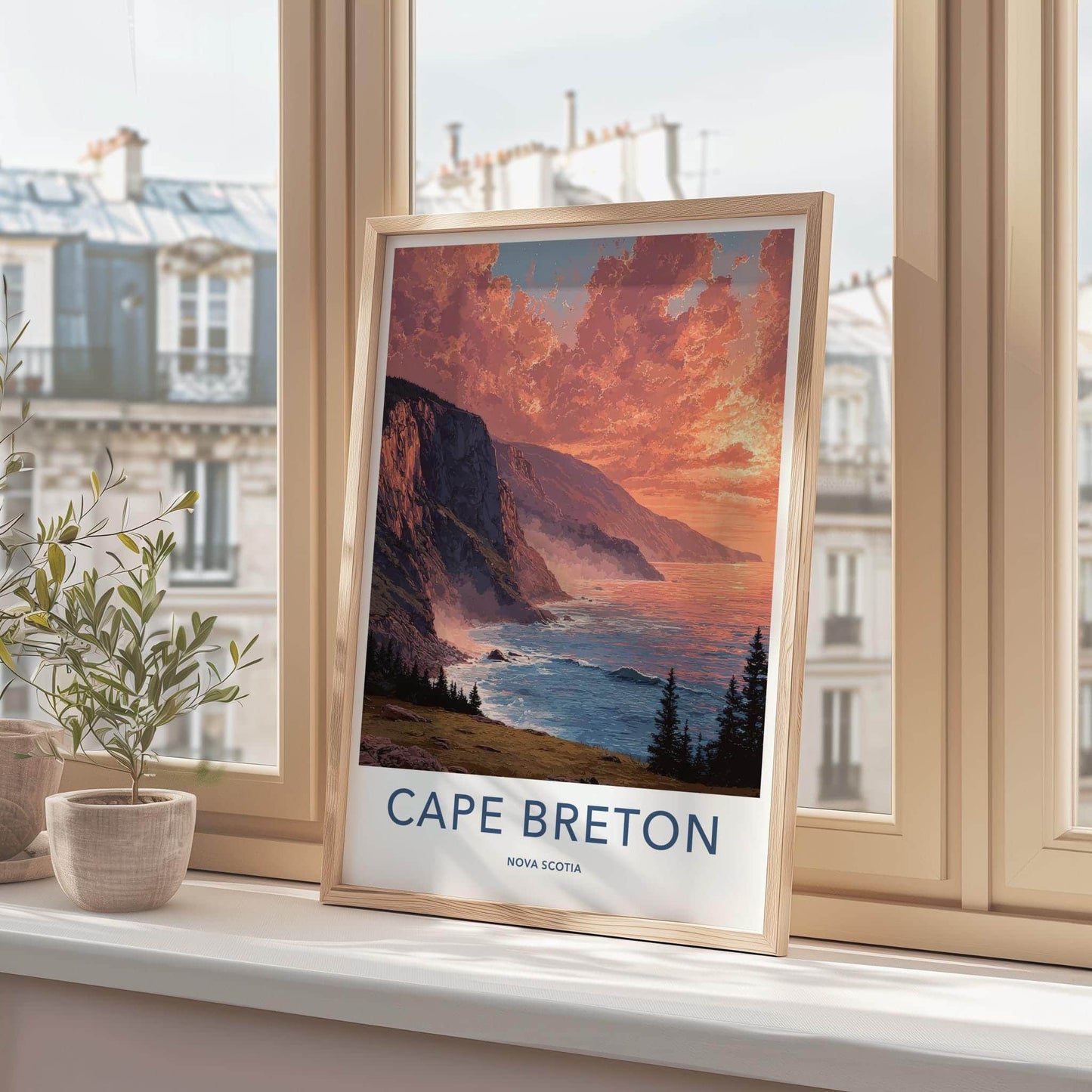 Cape Breton Poster - Canada Travel Art - Fiery Sunset Cliffs Home Decor