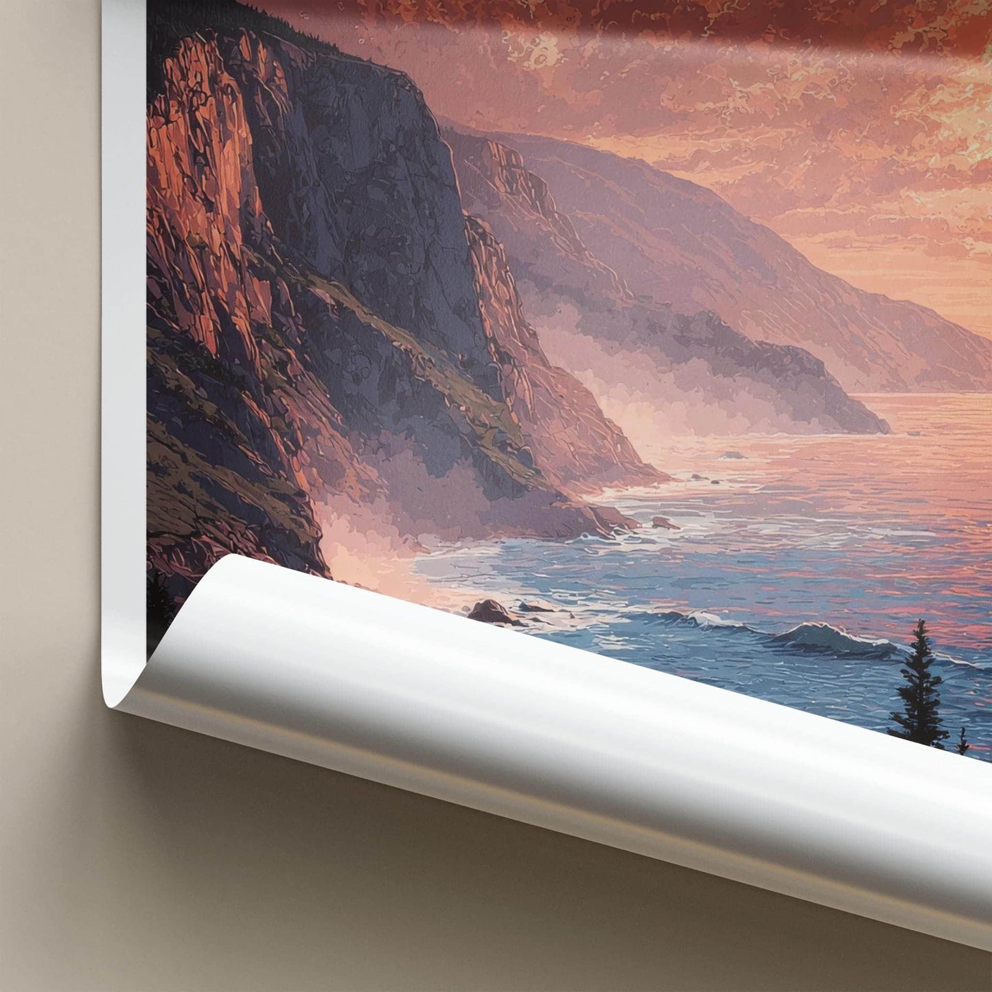 Cape Breton Poster - Canada Travel Art - Fiery Sunset Cliffs Home Decor