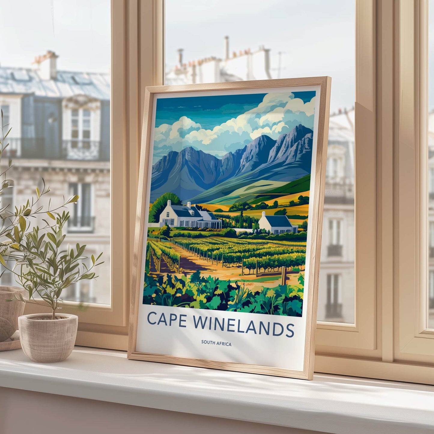 Cape Winelands Poster - South Africa Travel Art - Vineyard Houses Mountains Home Decor