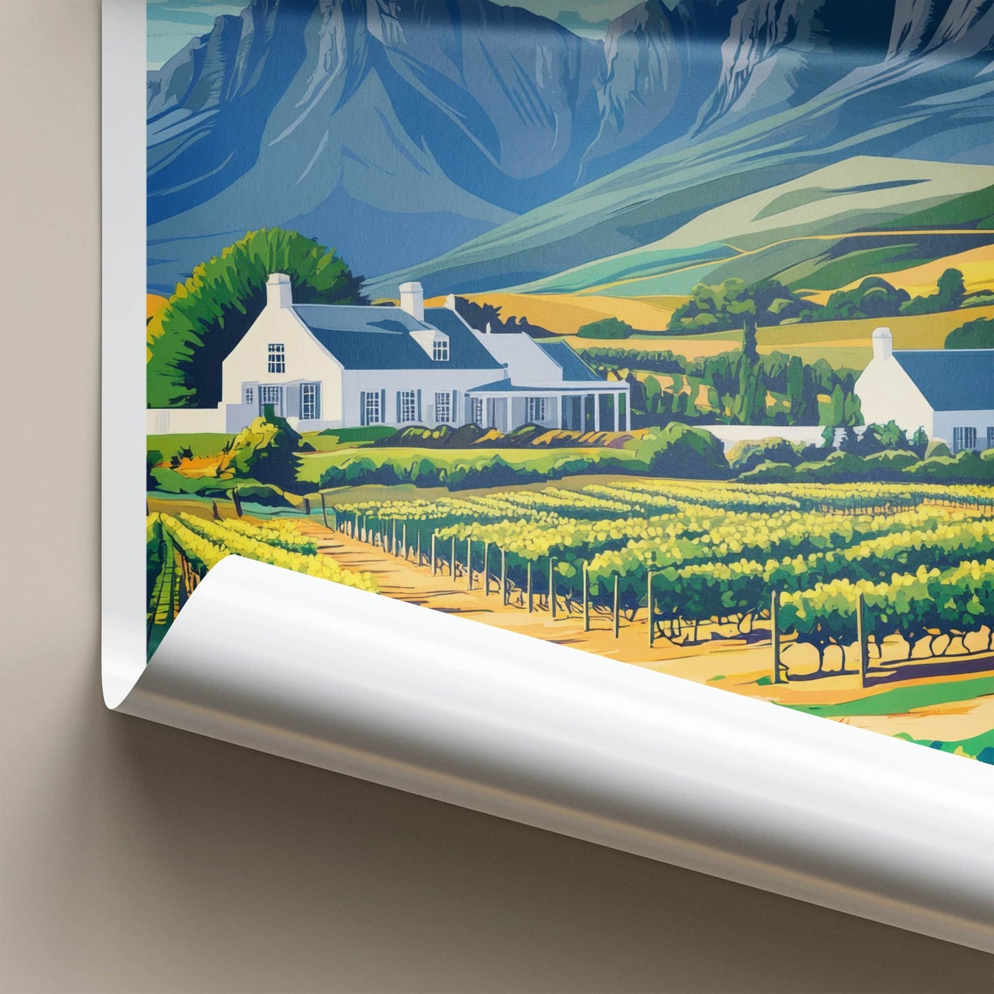 Cape Winelands Poster - South Africa Travel Art - Vineyard Houses Mountains Home Decor
