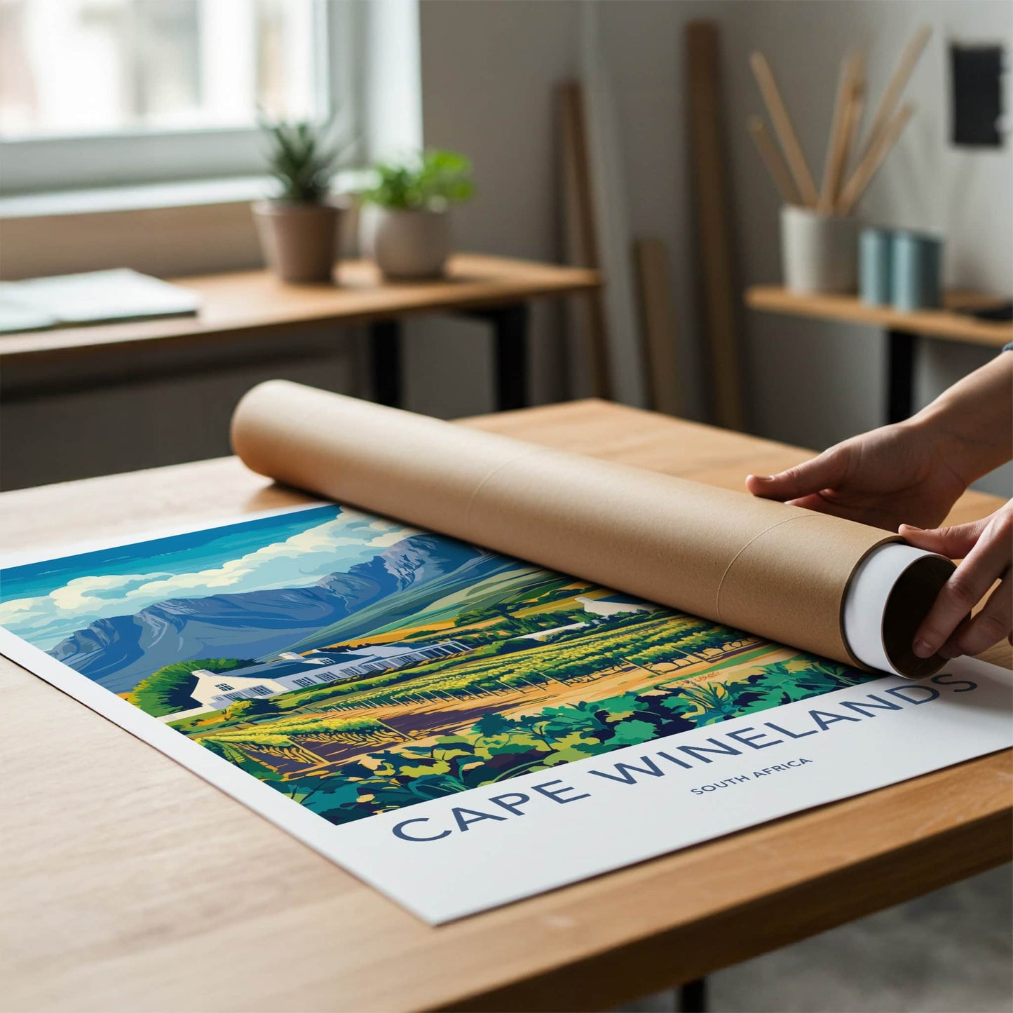 Cape Winelands Poster - South Africa Travel Art - Vineyard Houses Mountains Home Decor