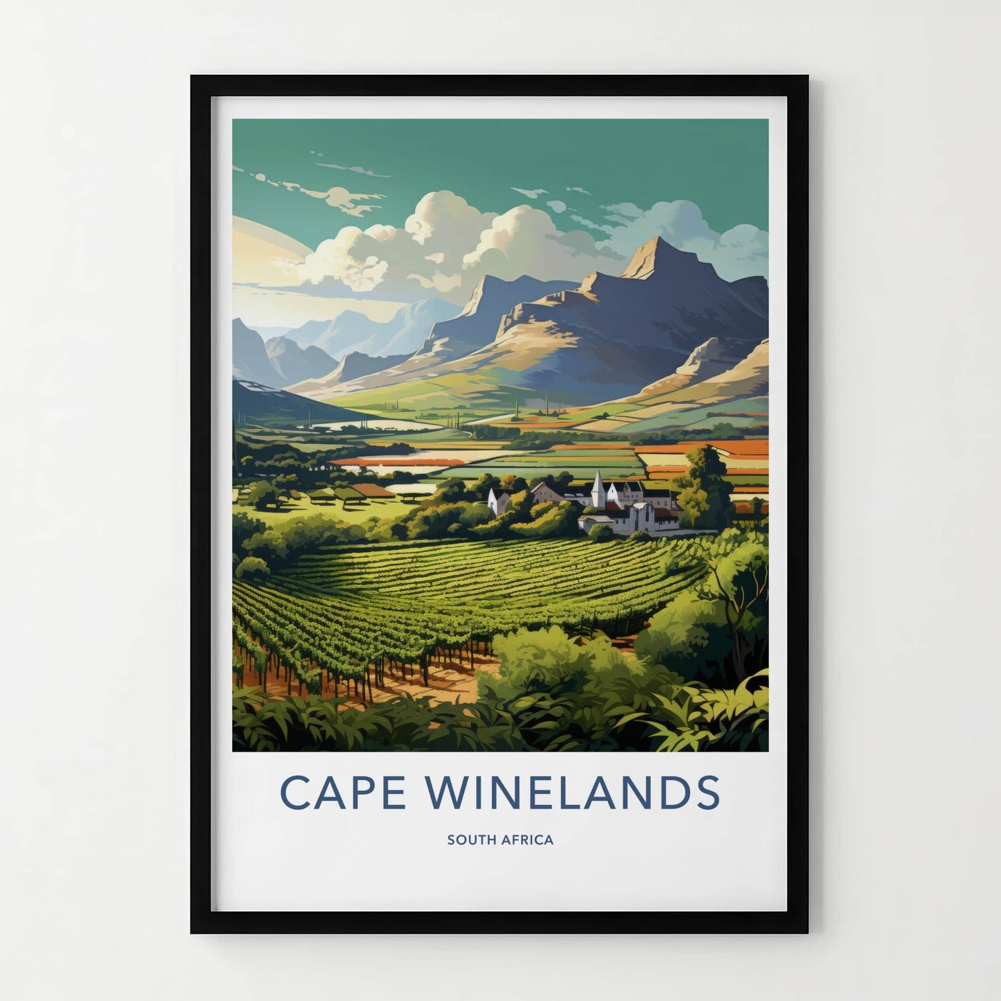 Cape Winelands Poster - South Africa Travel Art - Vineyard Valley Village Home Decor