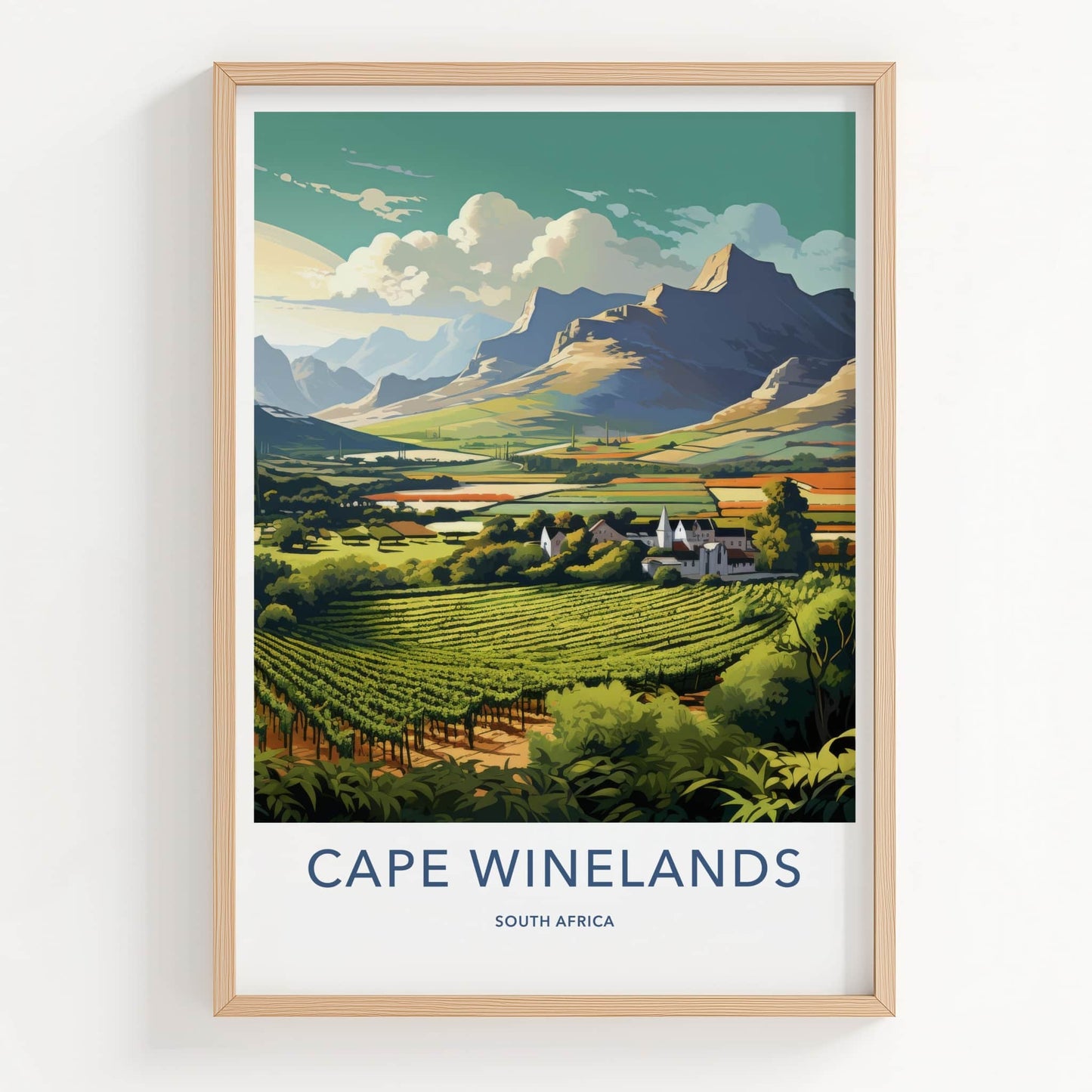 Cape Winelands Poster - South Africa Travel Art - Vineyard Valley Village Home Decor