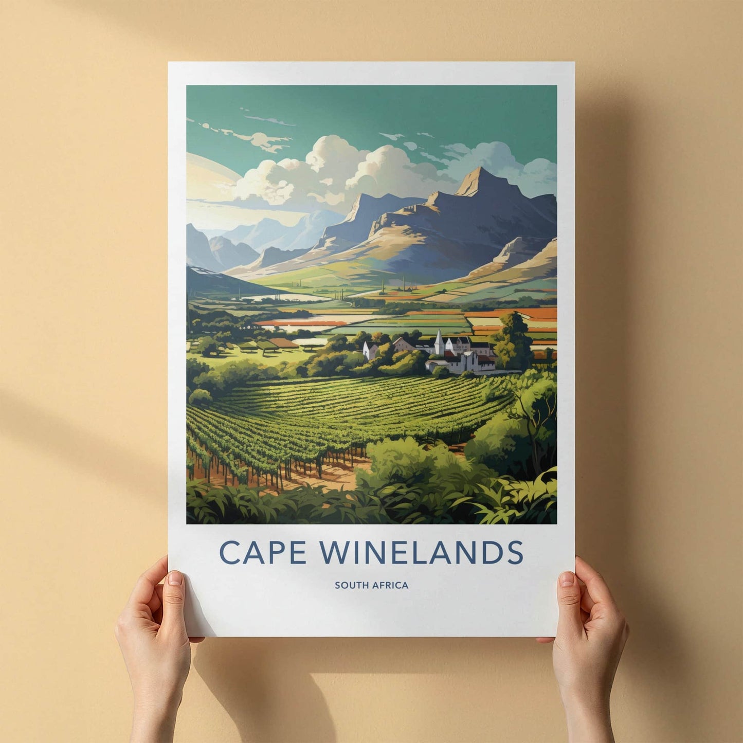 Cape Winelands Poster - South Africa Travel Art - Vineyard Valley Village Home Decor