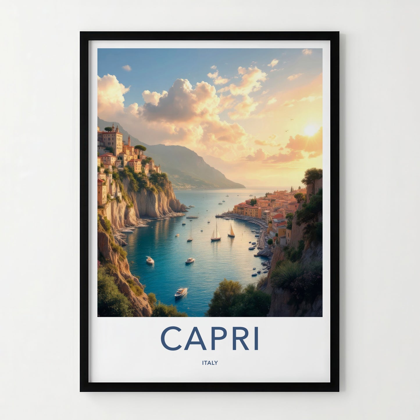 Capri Poster - Italy Travel Art - Cliffside Village Harbor Wall Decor