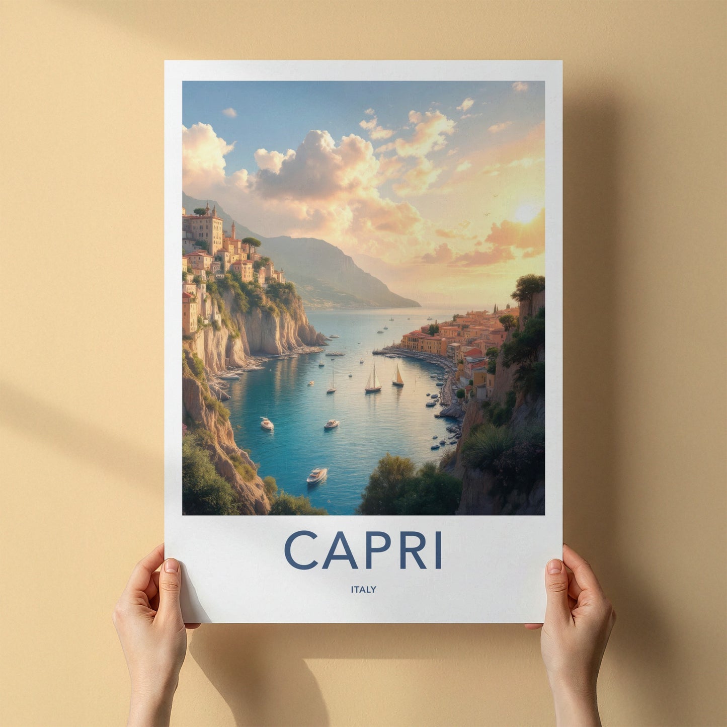 Capri Poster - Italy Travel Art - Cliffside Village Harbor Wall Decor