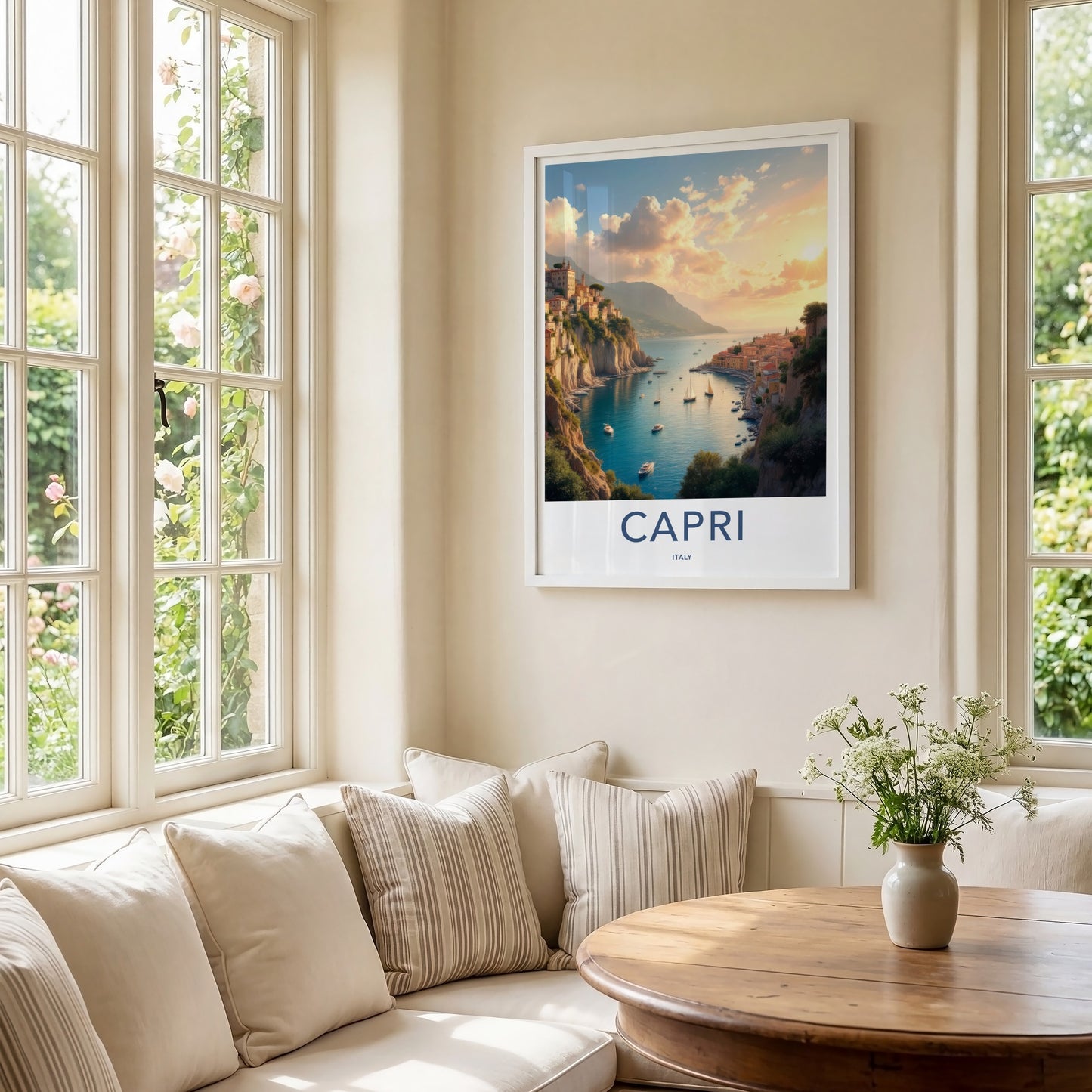 Capri Poster - Italy Travel Art - Cliffside Village Harbor Wall Decor