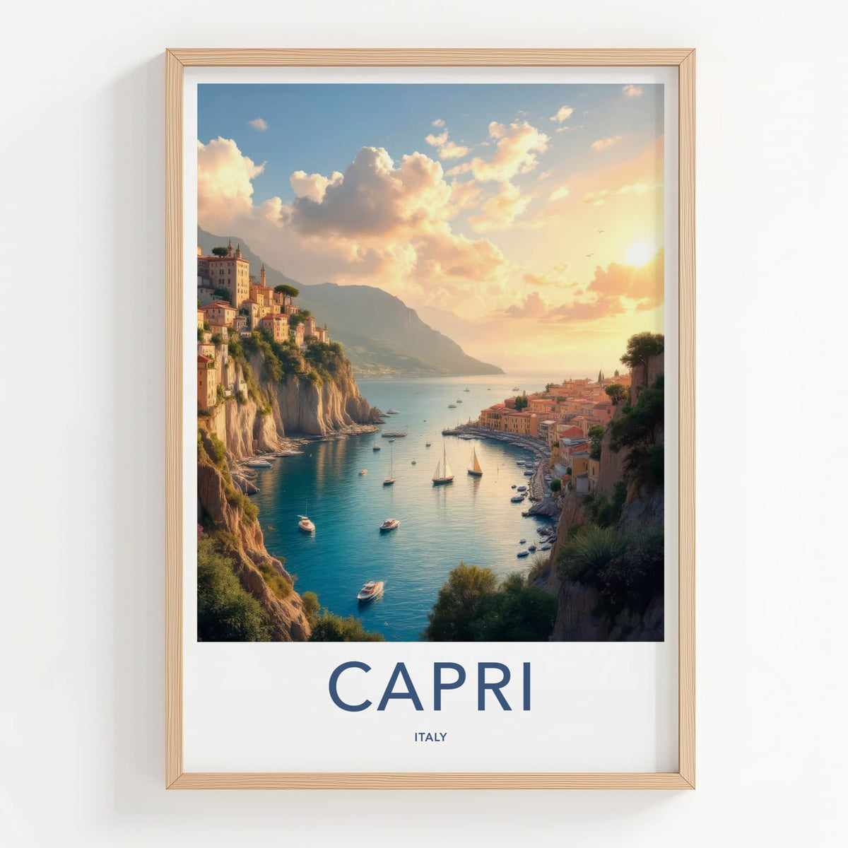 Capri Poster - Italy Travel Art - Cliffside Village Harbor Wall Decor