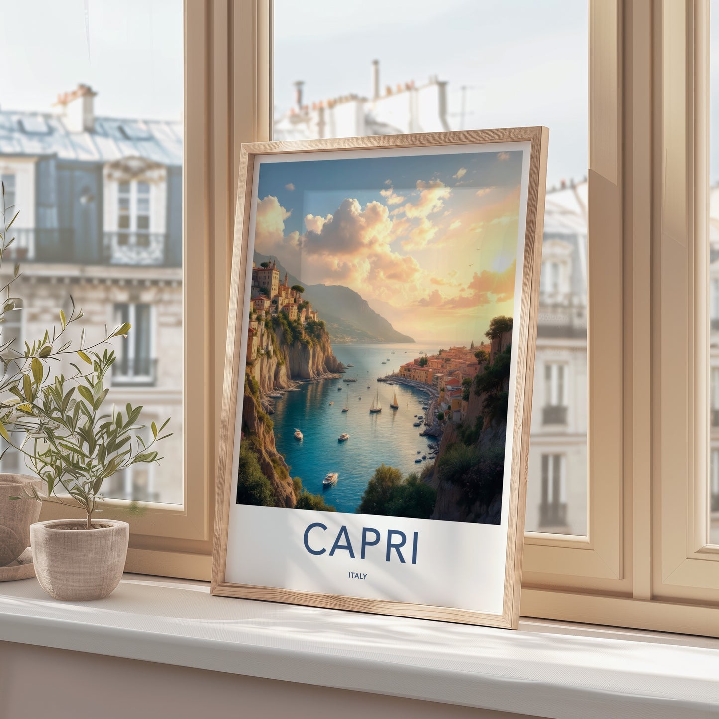 Capri Poster - Italy Travel Art - Cliffside Village Harbor Wall Decor