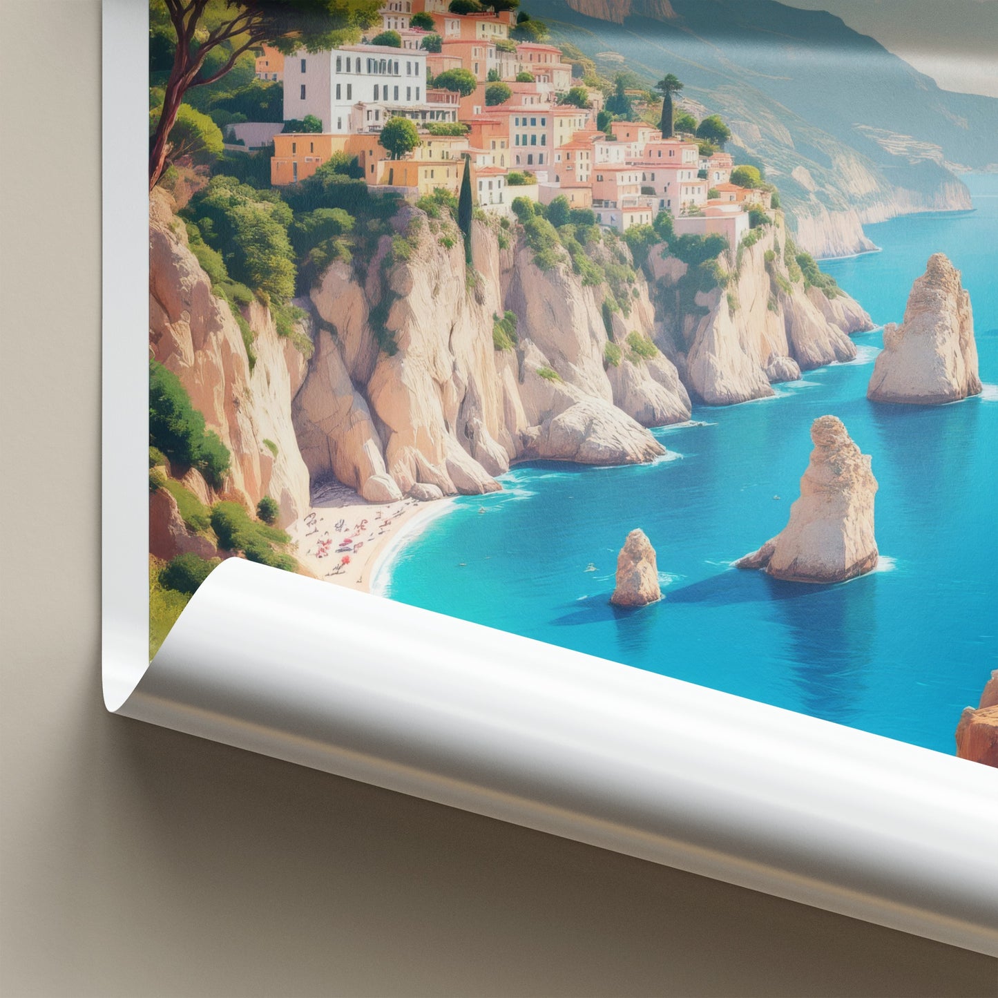 Capri Poster - Italy Travel Art - Clifftop Village Seascape Home Decor