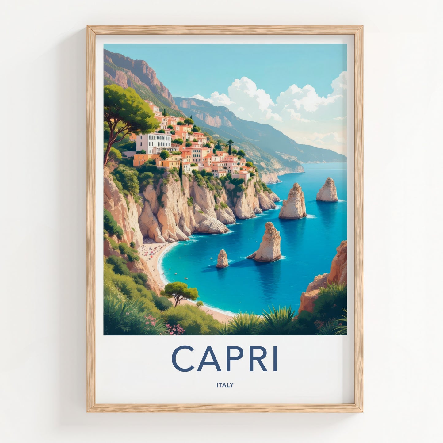 Capri Poster - Italy Travel Art - Clifftop Village Seascape Home Decor