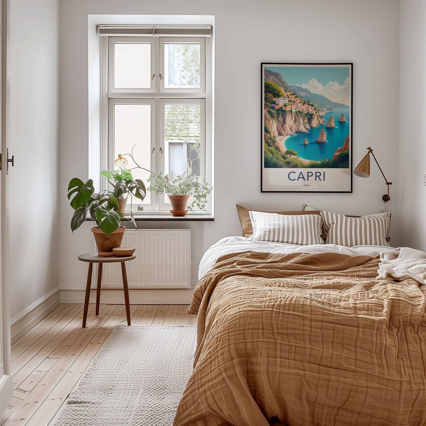 Capri Poster - Italy Travel Art - Clifftop Village Seascape Home Decor