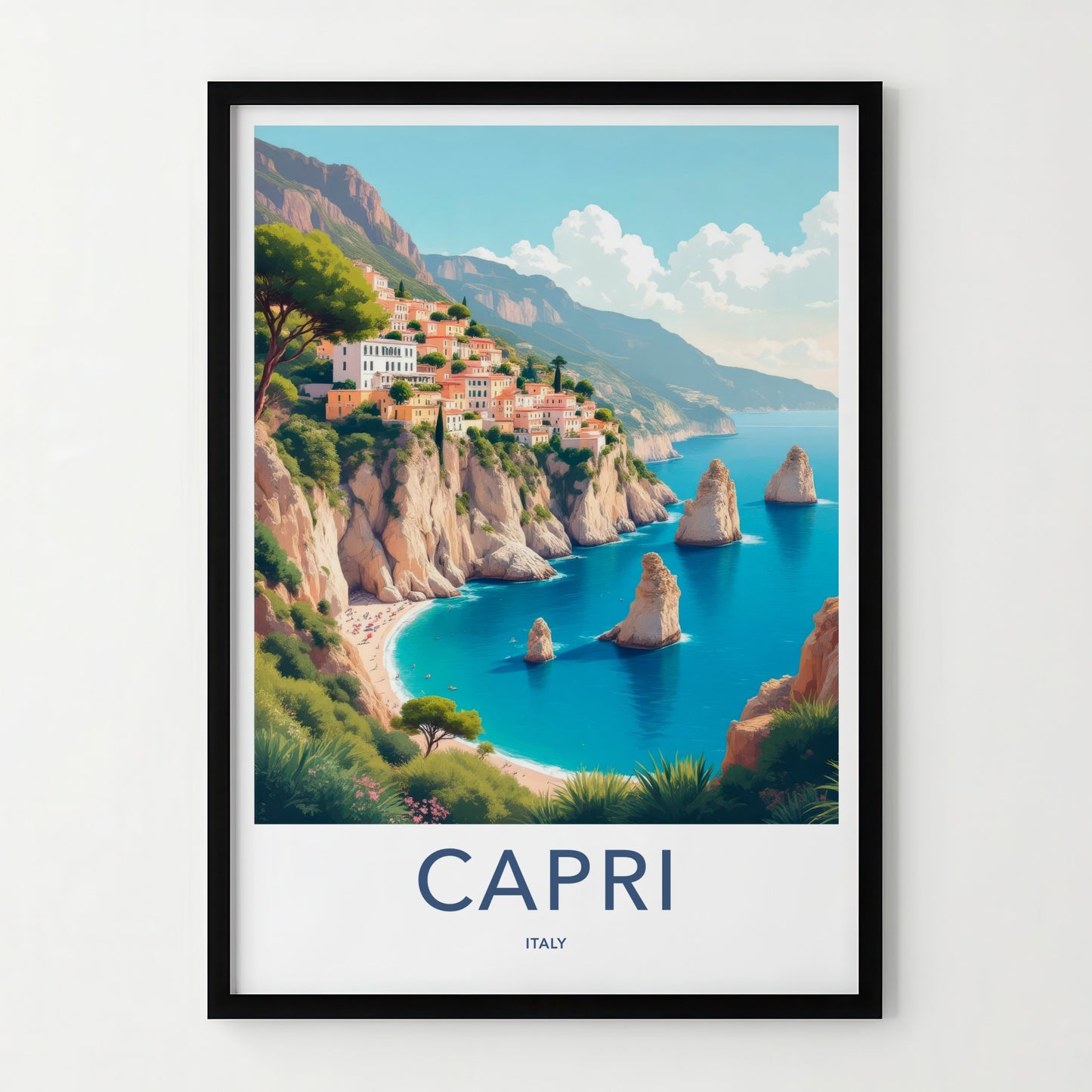 Capri Poster - Italy Travel Art - Clifftop Village Seascape Home Decor