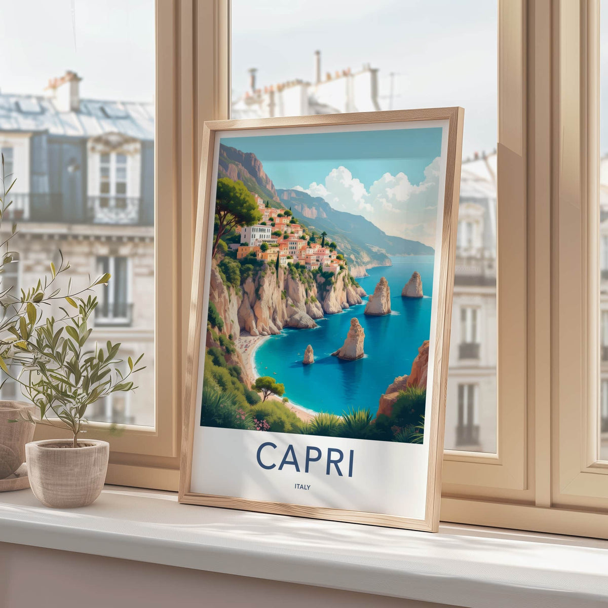 Capri Poster - Italy Travel Art - Clifftop Village Seascape Home Decor