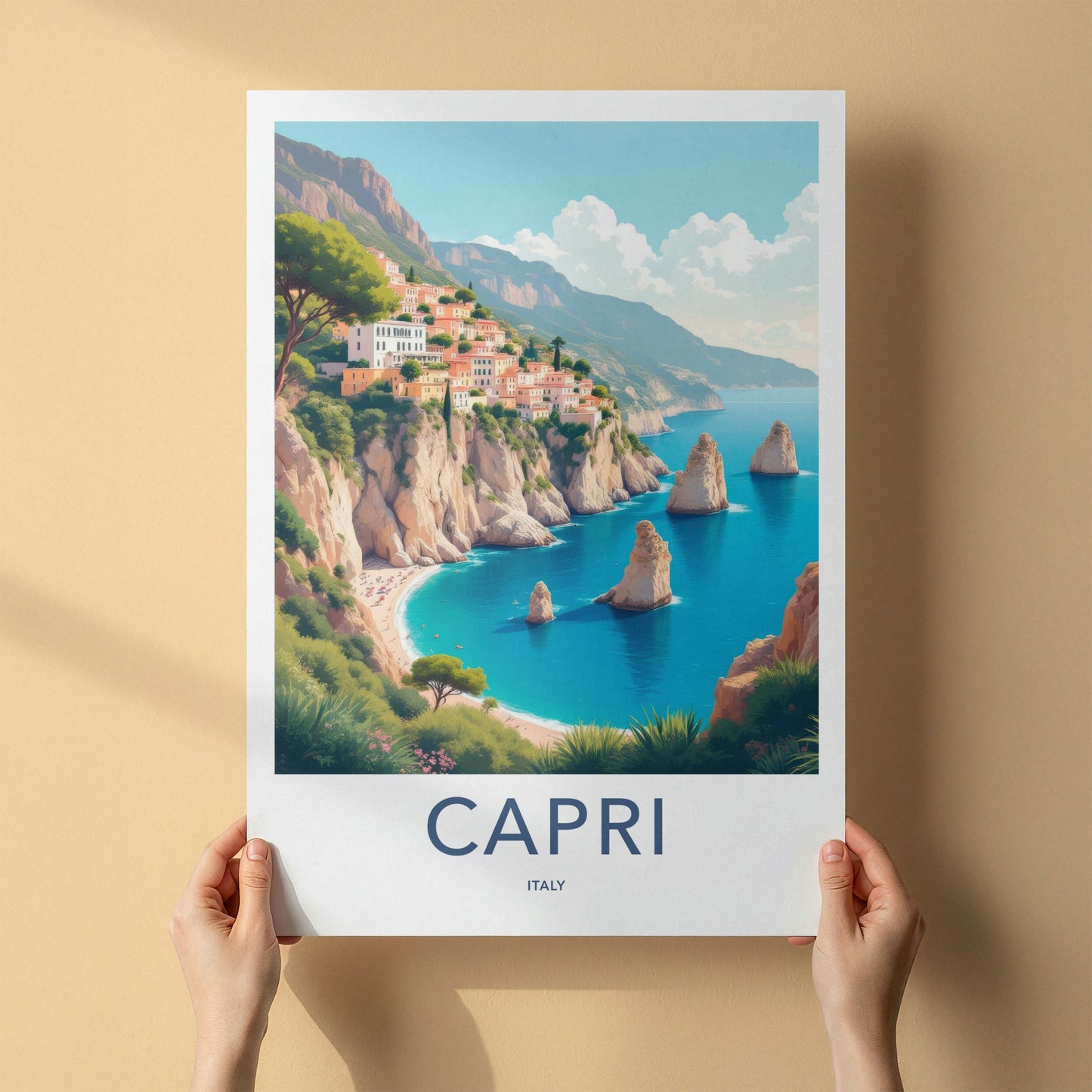 Capri Poster - Italy Travel Art - Clifftop Village Seascape Home Decor