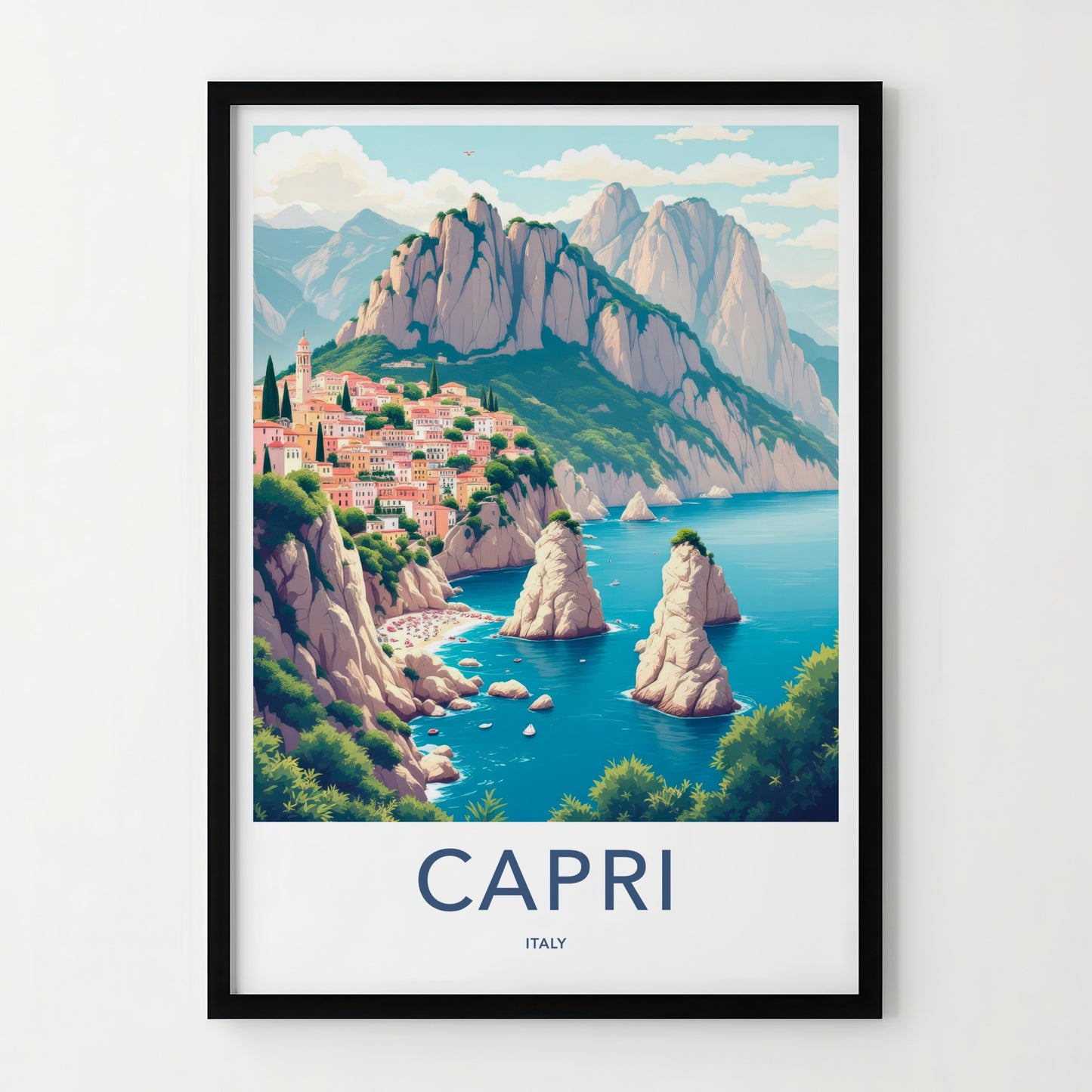 Capri Poster - Italy Travel Art - Coastal Village Cliffs Home Decor