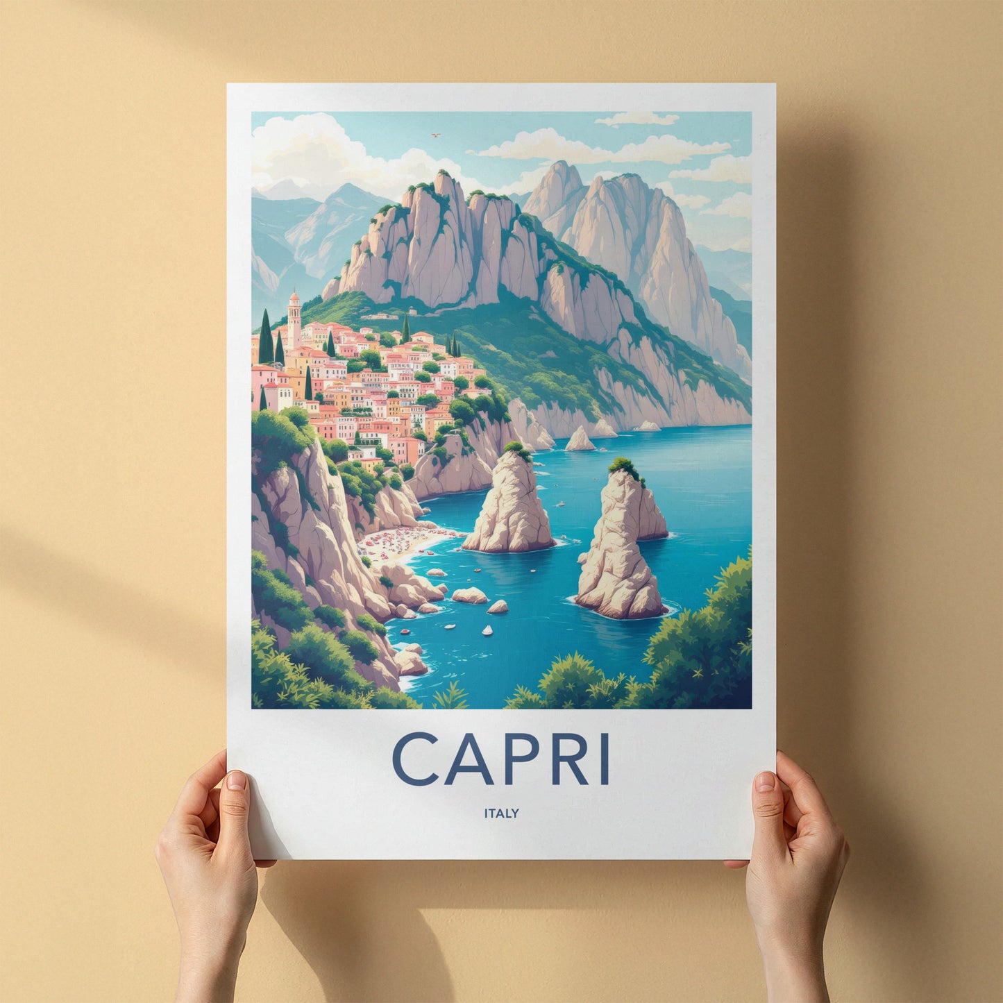 Capri Poster - Italy Travel Art - Coastal Village Cliffs Home Decor