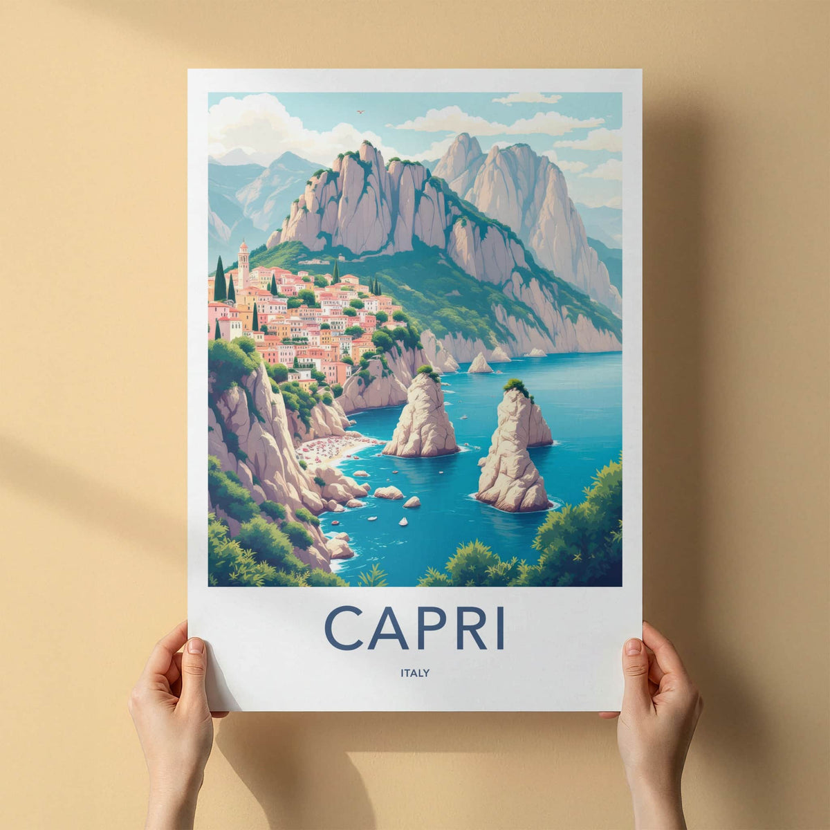Capri Poster - Italy Travel Art - Coastal Village Cliffs Home Decor