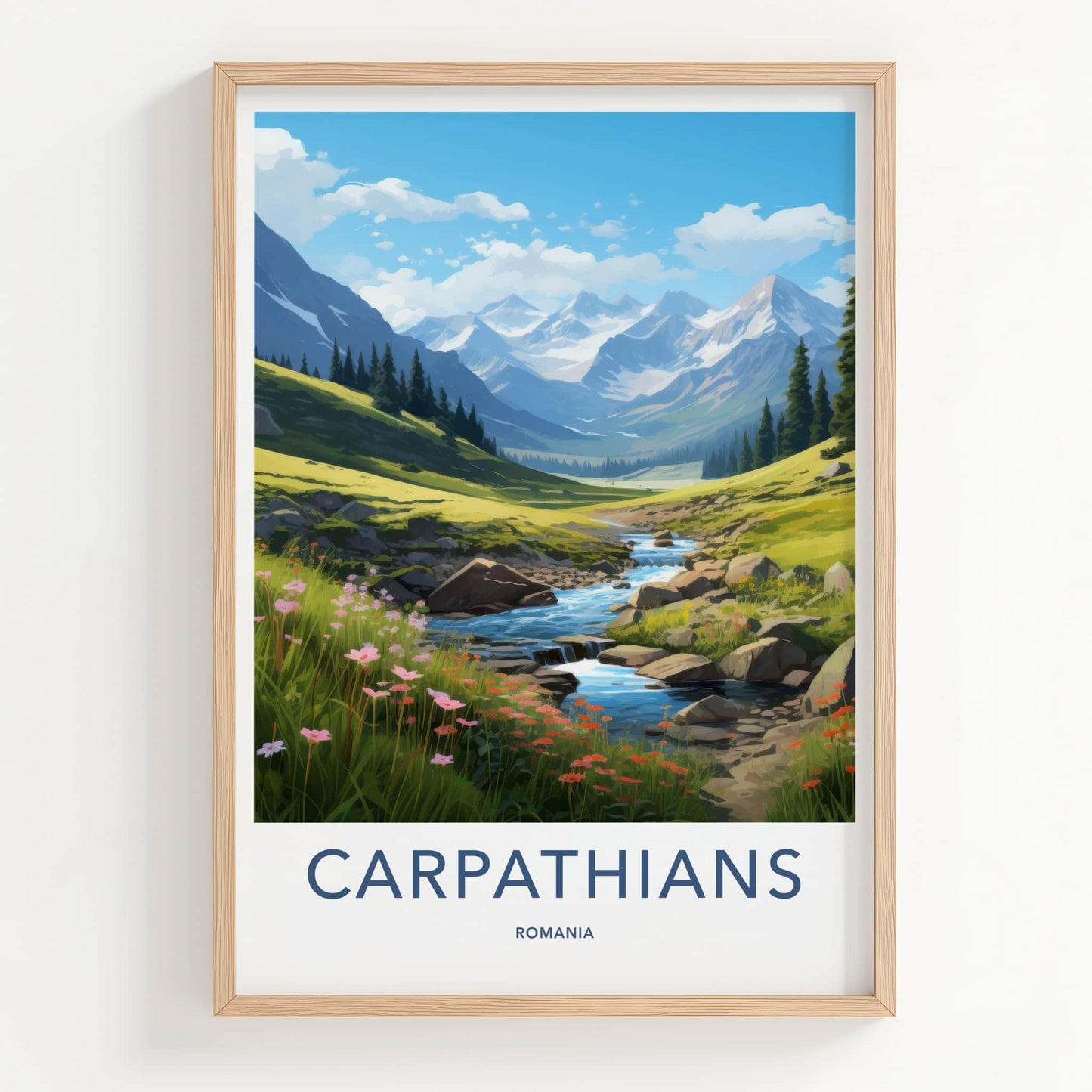 Carpathians Poster - Romania Travel Art - Mountain River Flowers Wall Decor