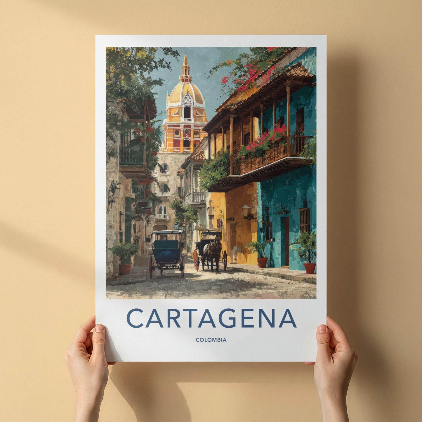 Cartagena Poster - Colombia Travel Art - Vibrant street scene Home Decor