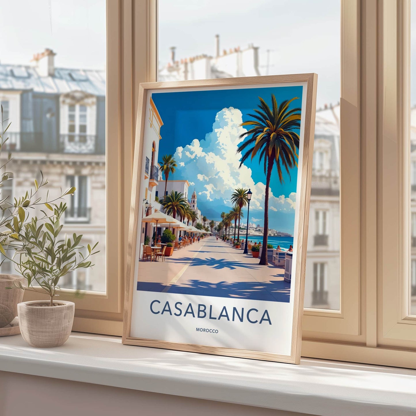 Casablanca Poster - Morocco Travel Art - Palm Lined Promenade Home Decor
