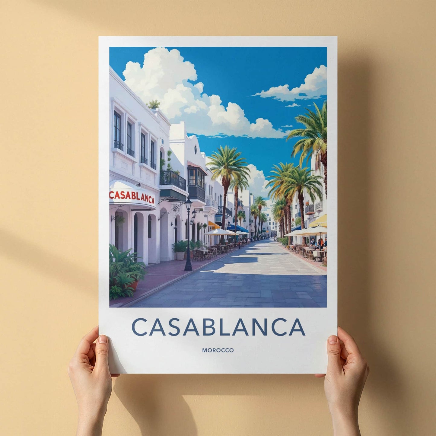 Casablanca Poster - Morocco Travel Art - Sunny Street Palms Home Decor