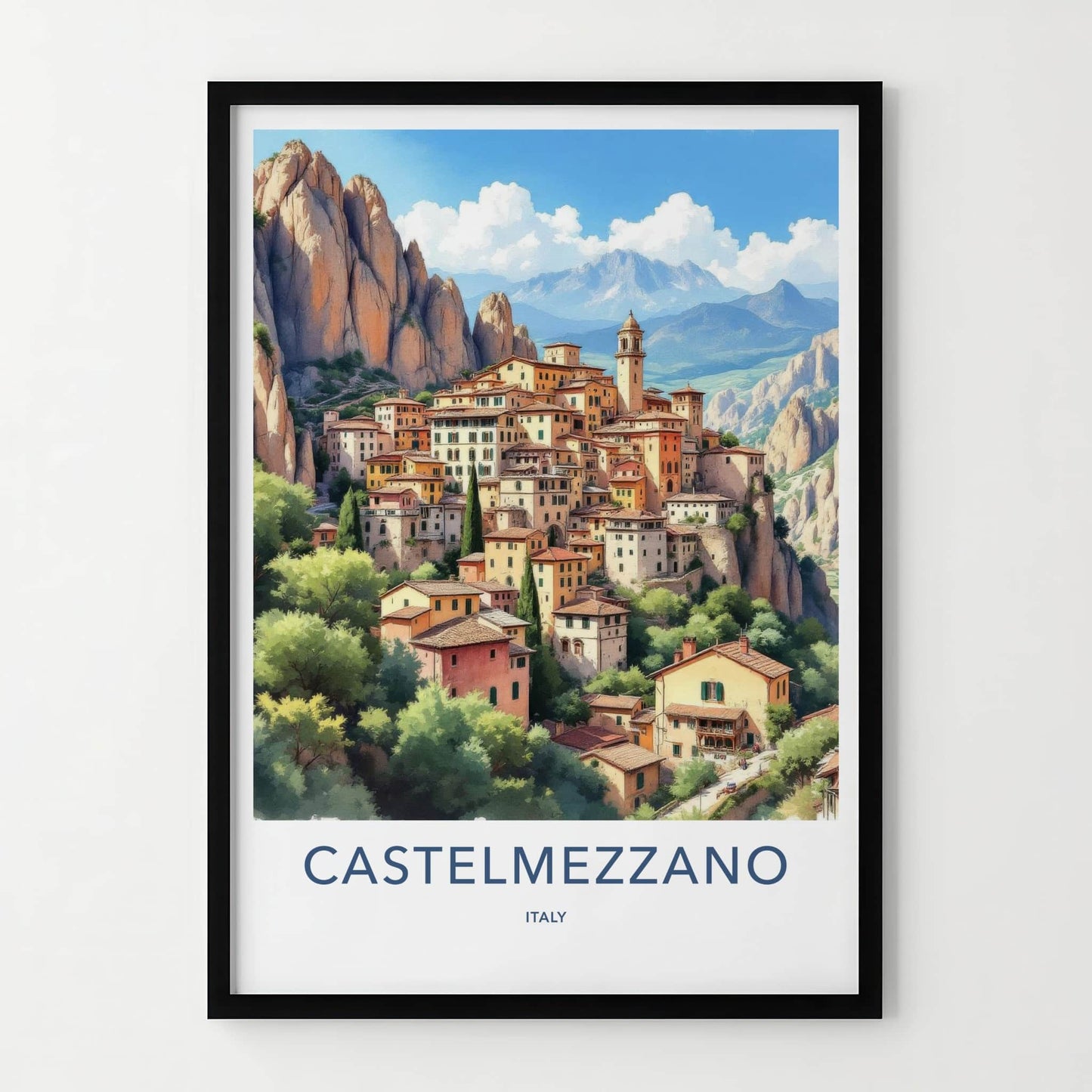 Castelmezzano Poster - Italy Travel Art - Cliffside Village Belltower Home Decor
