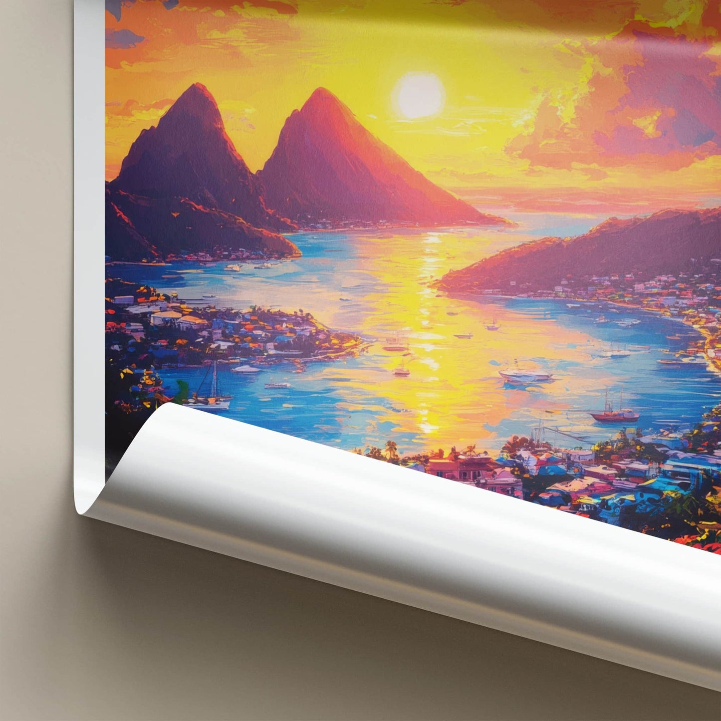 Castries Poster - Saint Lucia Travel Art - Tropical Harbor Sunset Home Decor