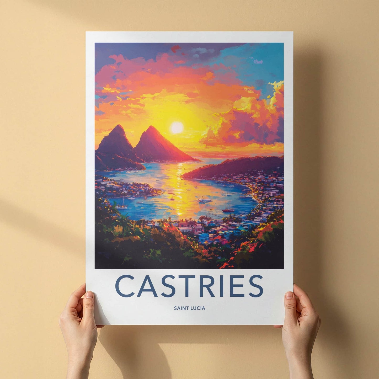 Castries Poster - Saint Lucia Travel Art - Tropical Harbor Sunset Home Decor
