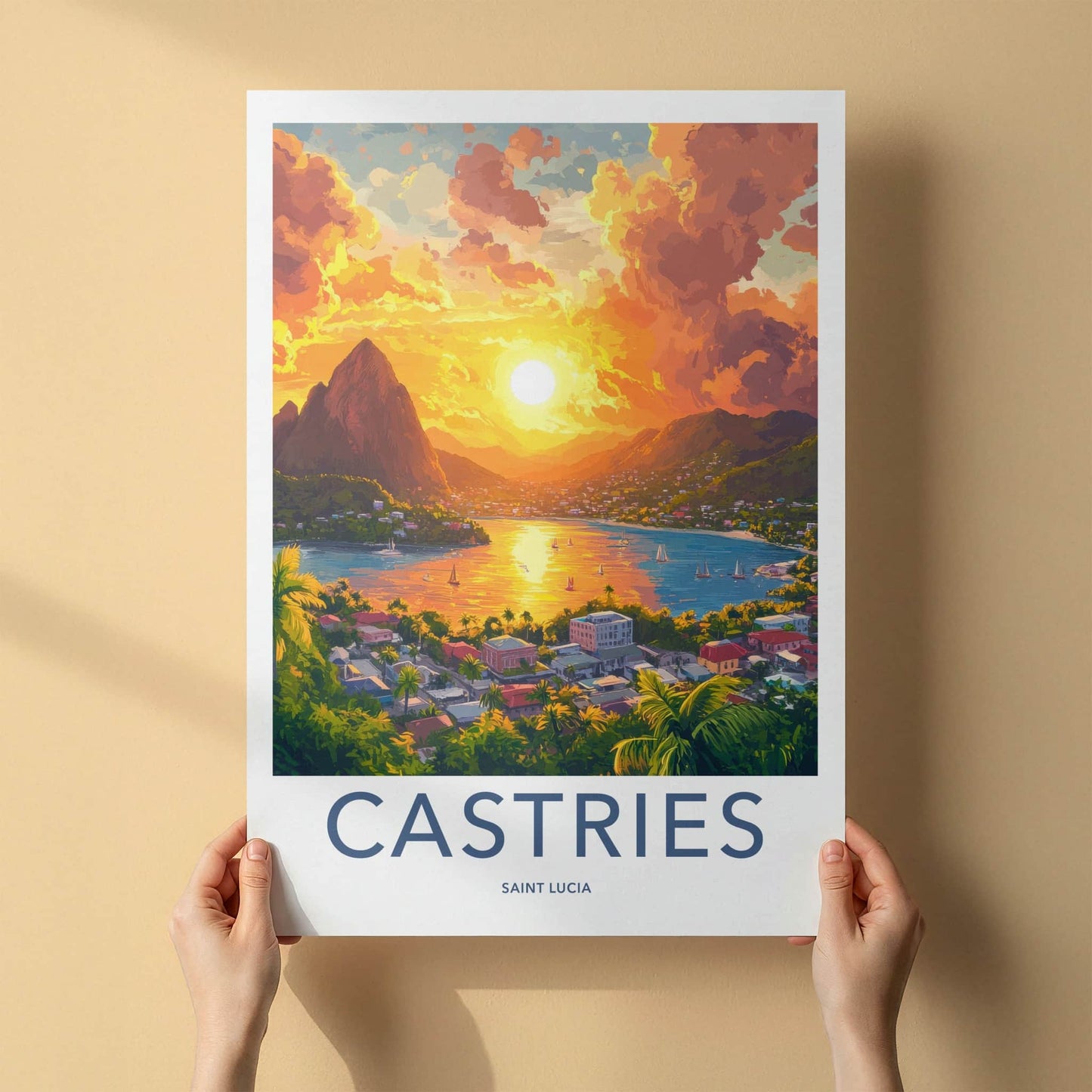 Castries Poster - Saint Lucia Travel Art - Vibrant Sunset Bay Home Decor