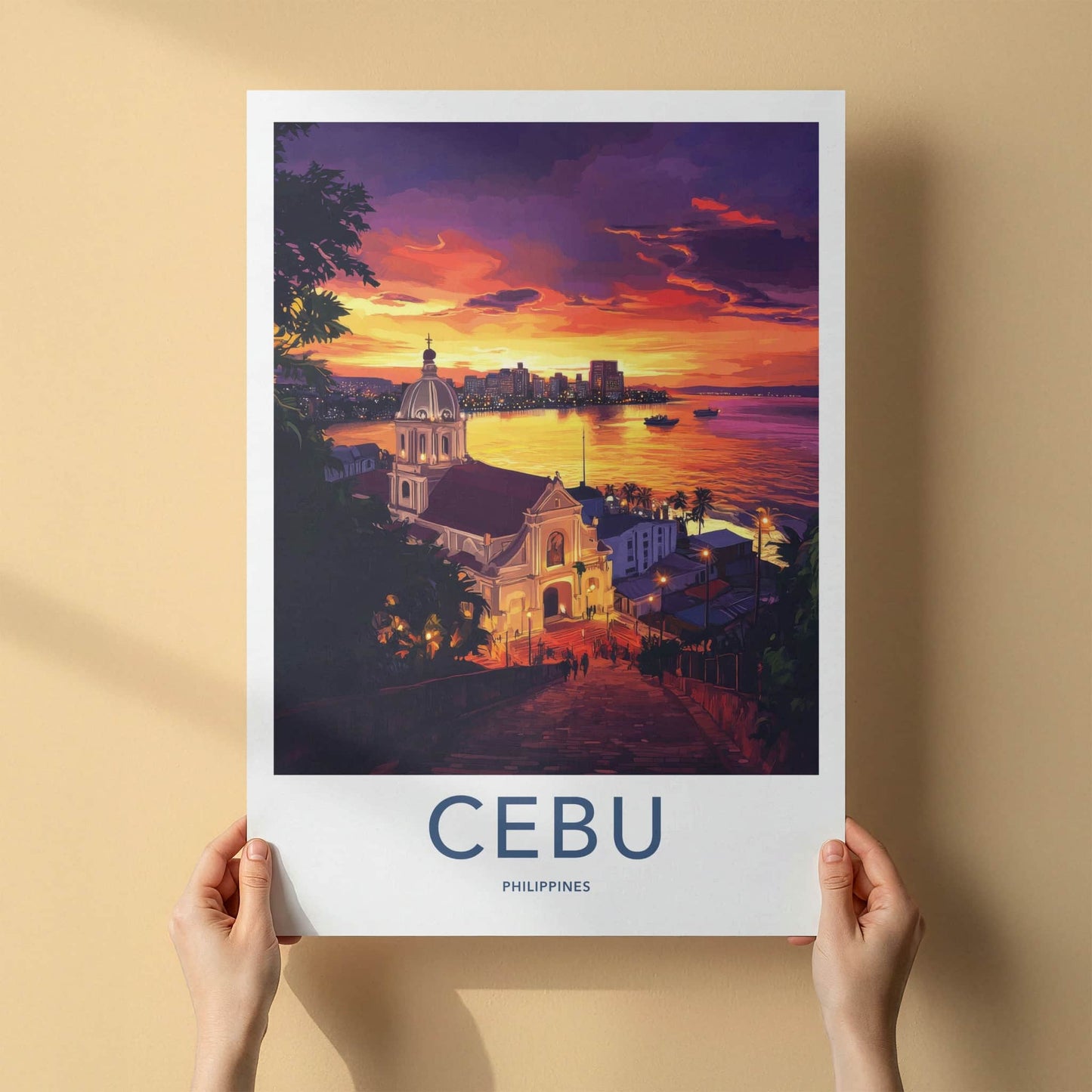 Cebu Poster - Philippines Travel Art - Historic Church Sunset Home Decor