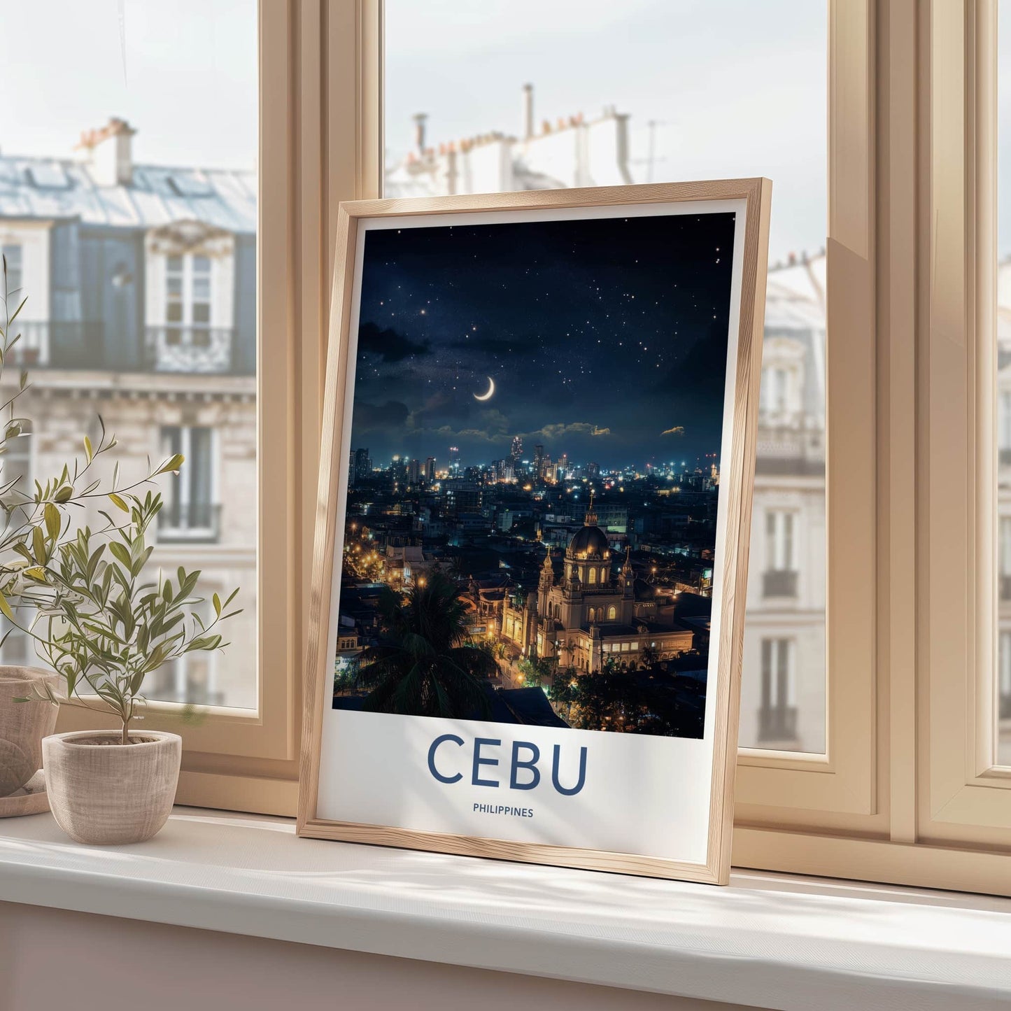 Cebu Poster - Philippines Travel Art - Night Cityscape Moon Home Decor