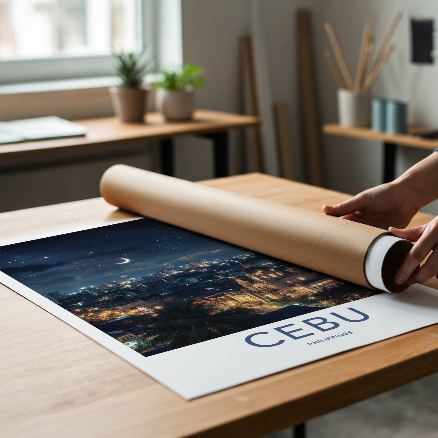 Cebu Poster - Philippines Travel Art - Night Cityscape Moon Home Decor