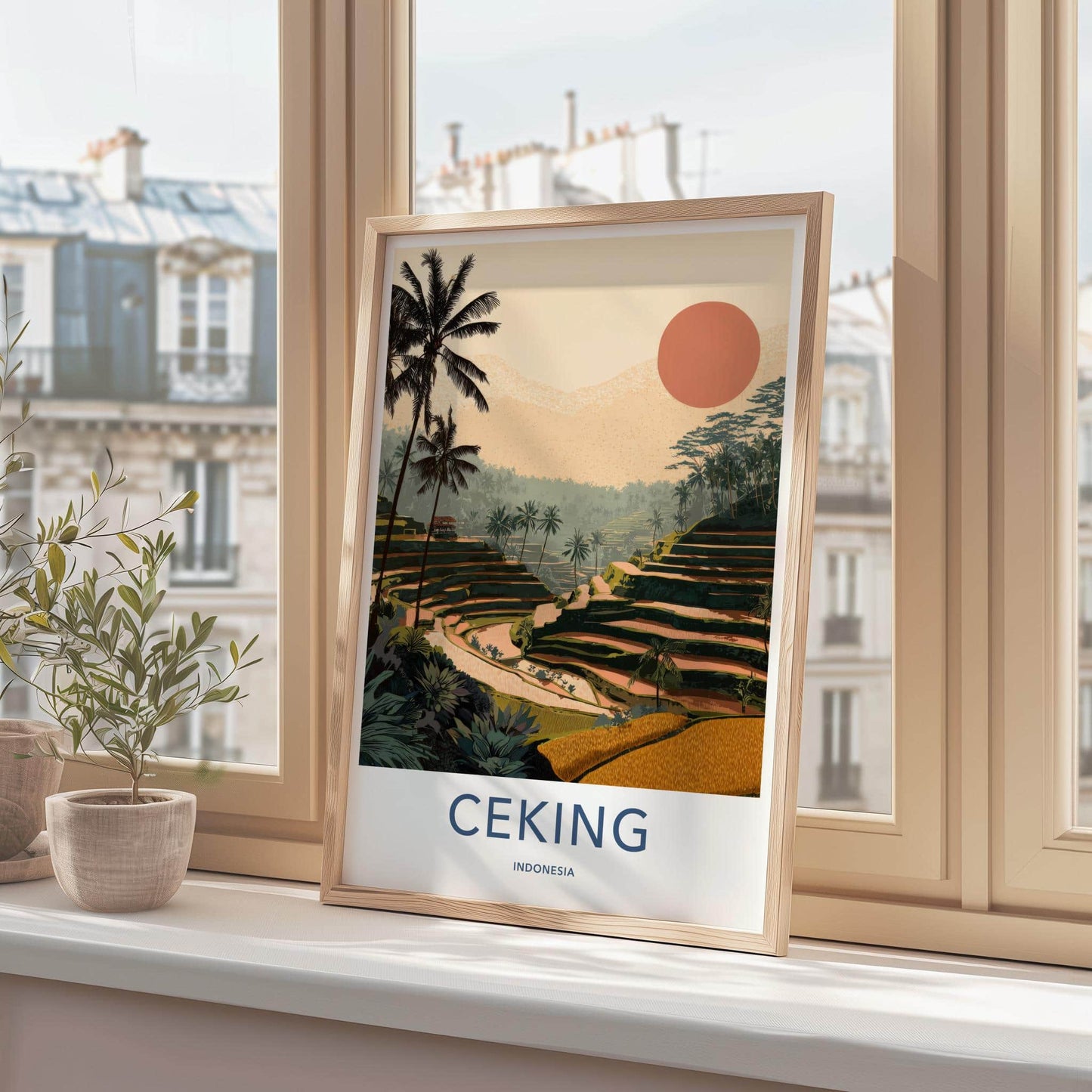 Ceking Poster - Indonesia Travel Art - Tropical Palm Sunset Home Decor